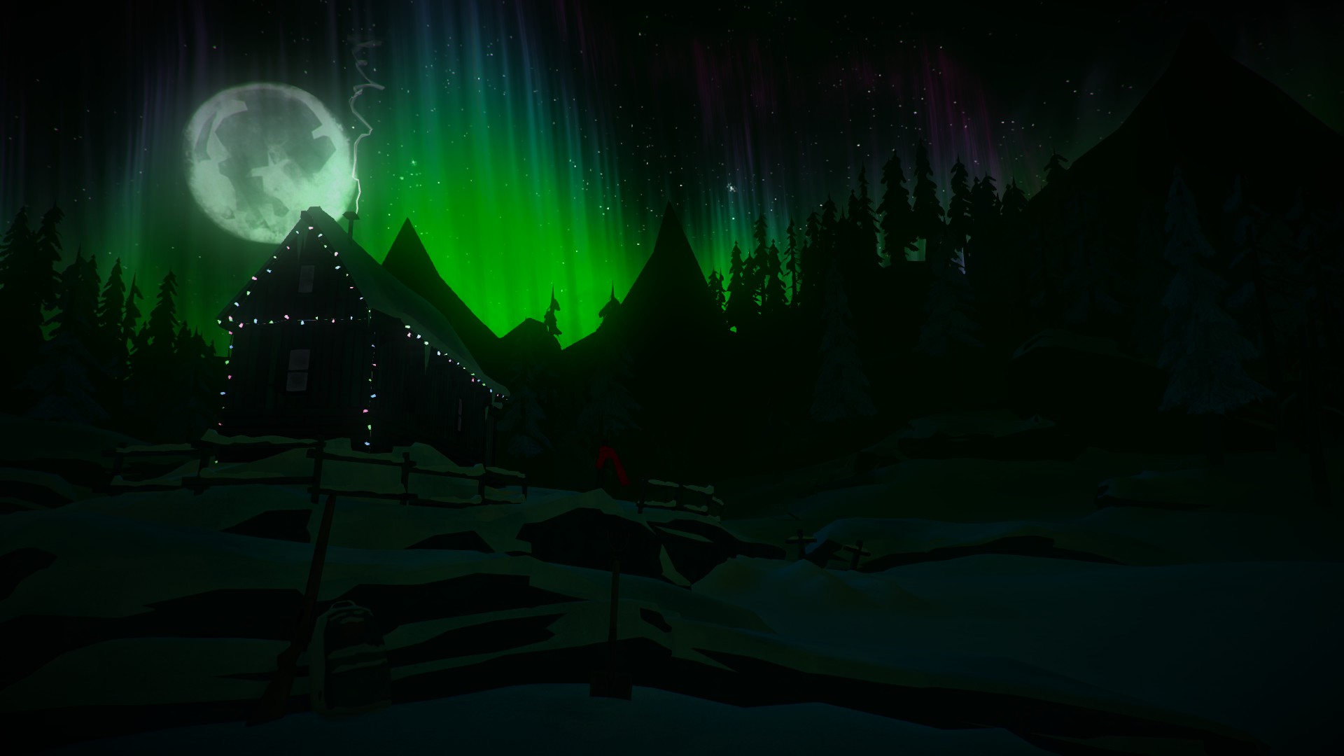the long dark, aurora borealis, video game, cabin, moon, night