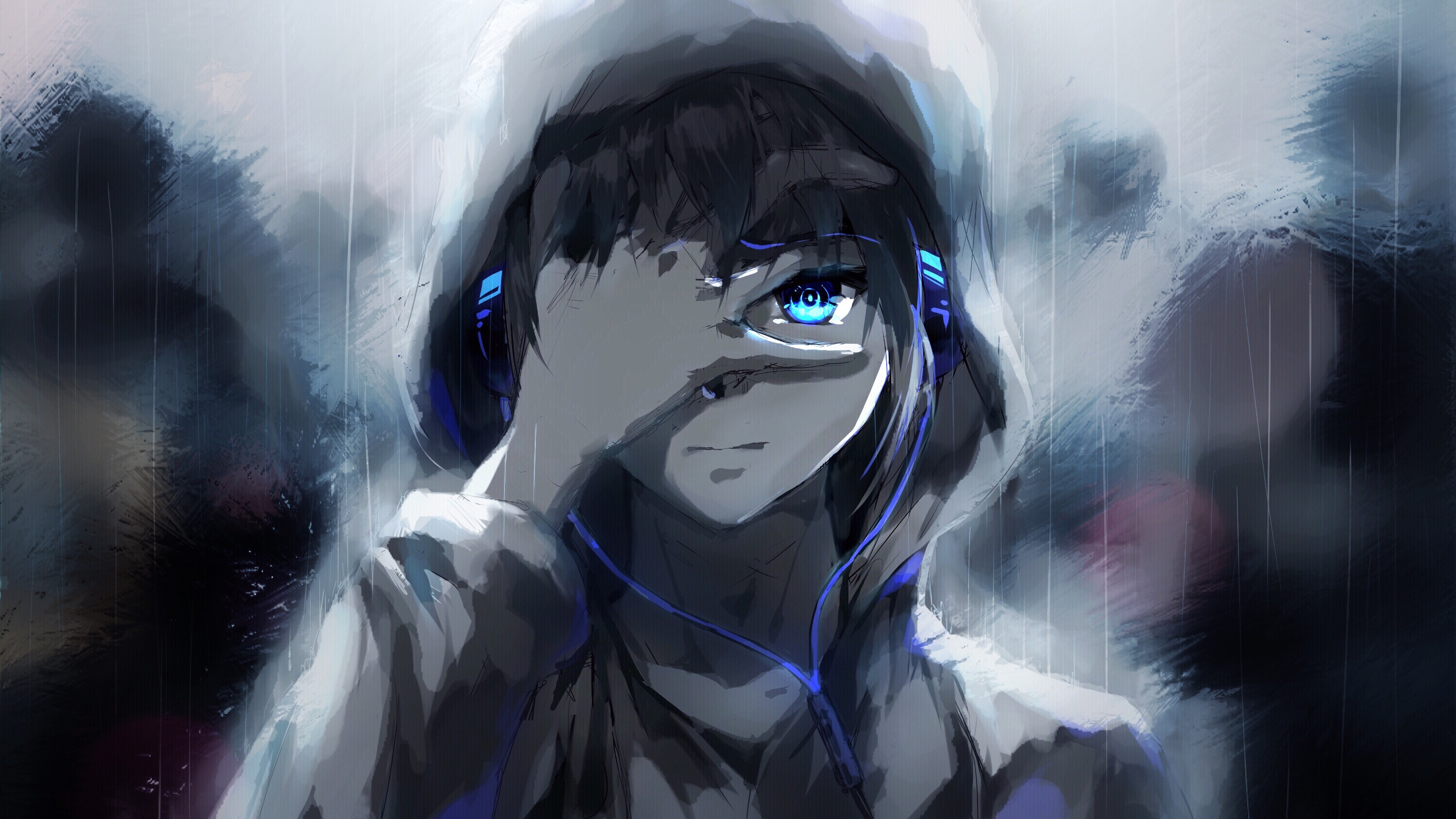 blue eyes, original, rain, anime