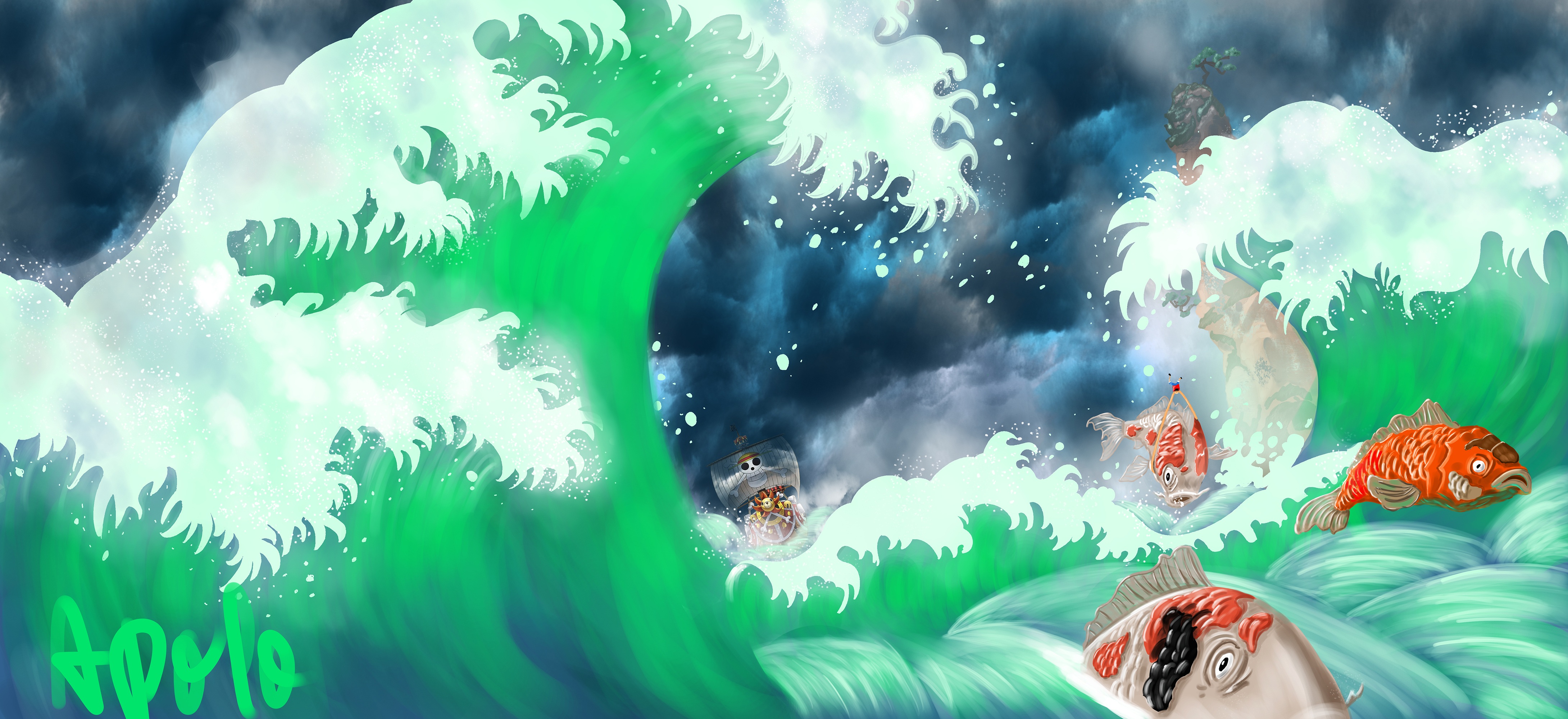 Laden Sie das Ozean, Schiff, Fisch, Welle, Animes, One Piece-Bild kostenlos auf Ihren PC-Desktop herunter