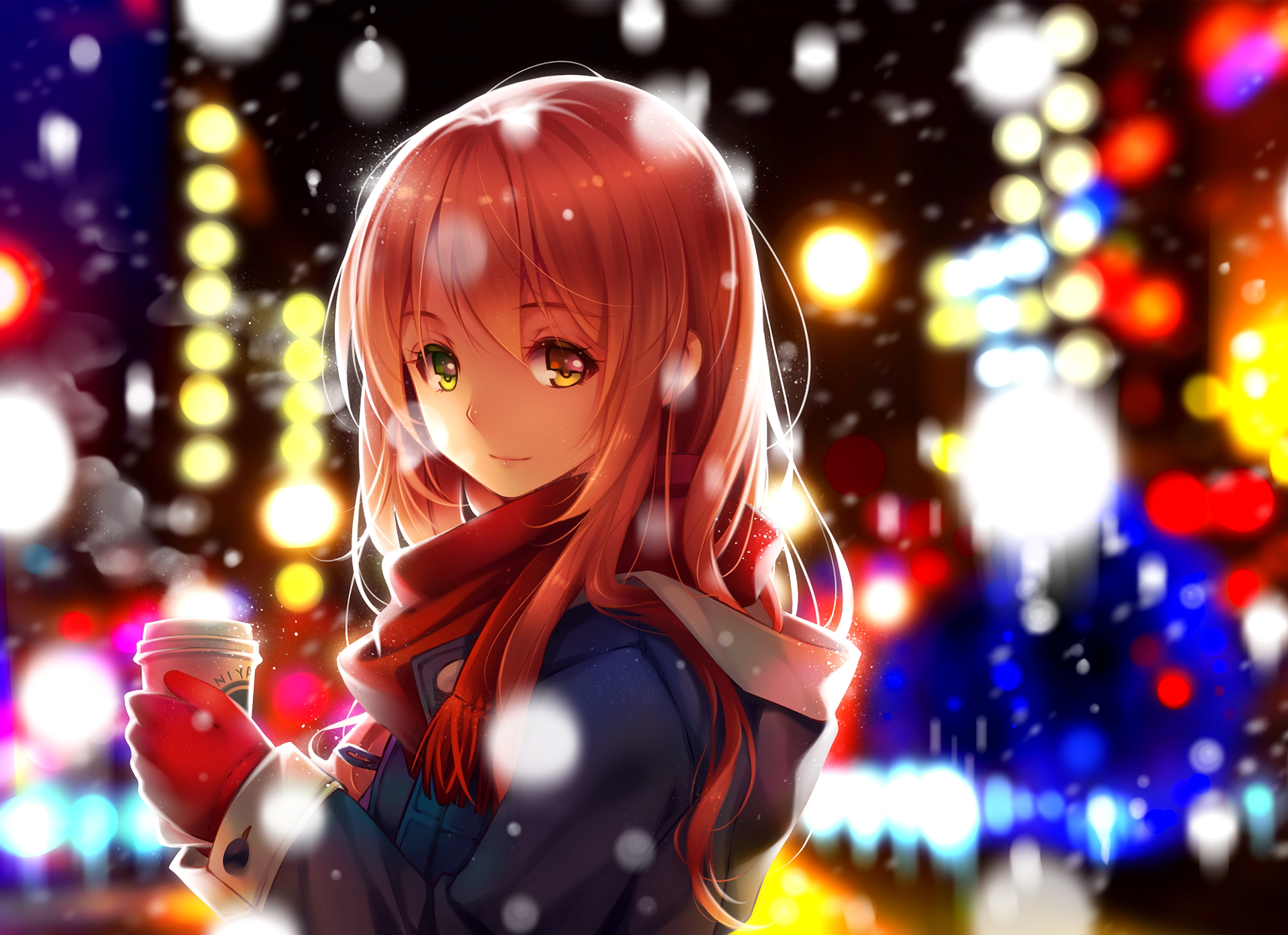 Download mobile wallpaper Anime, Night, Coffee, Light, Scarf, Original for free.