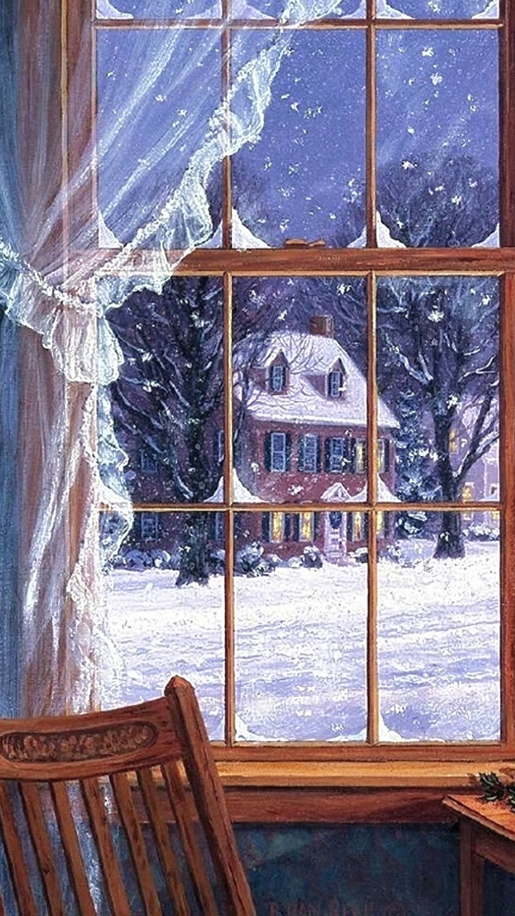 Handy-Wallpaper Winter, Schnee, Haus, Fenster, Vorhang, Künstlerisch kostenlos herunterladen.