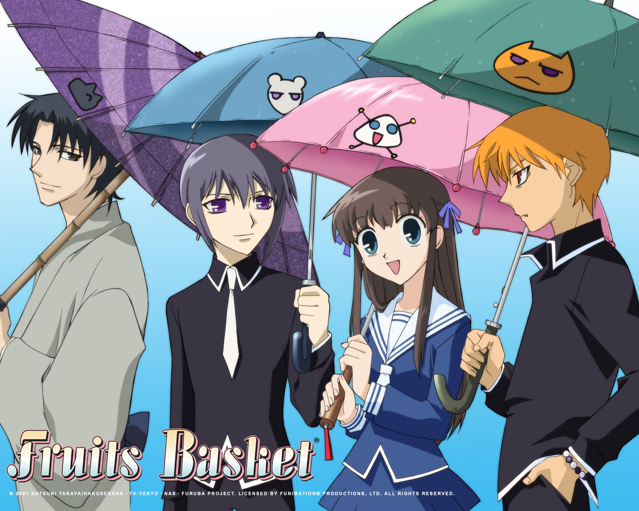 anime, fruits basket, kyo sohma, shigure sohma, tohru honda, umbrella, yuki sohma