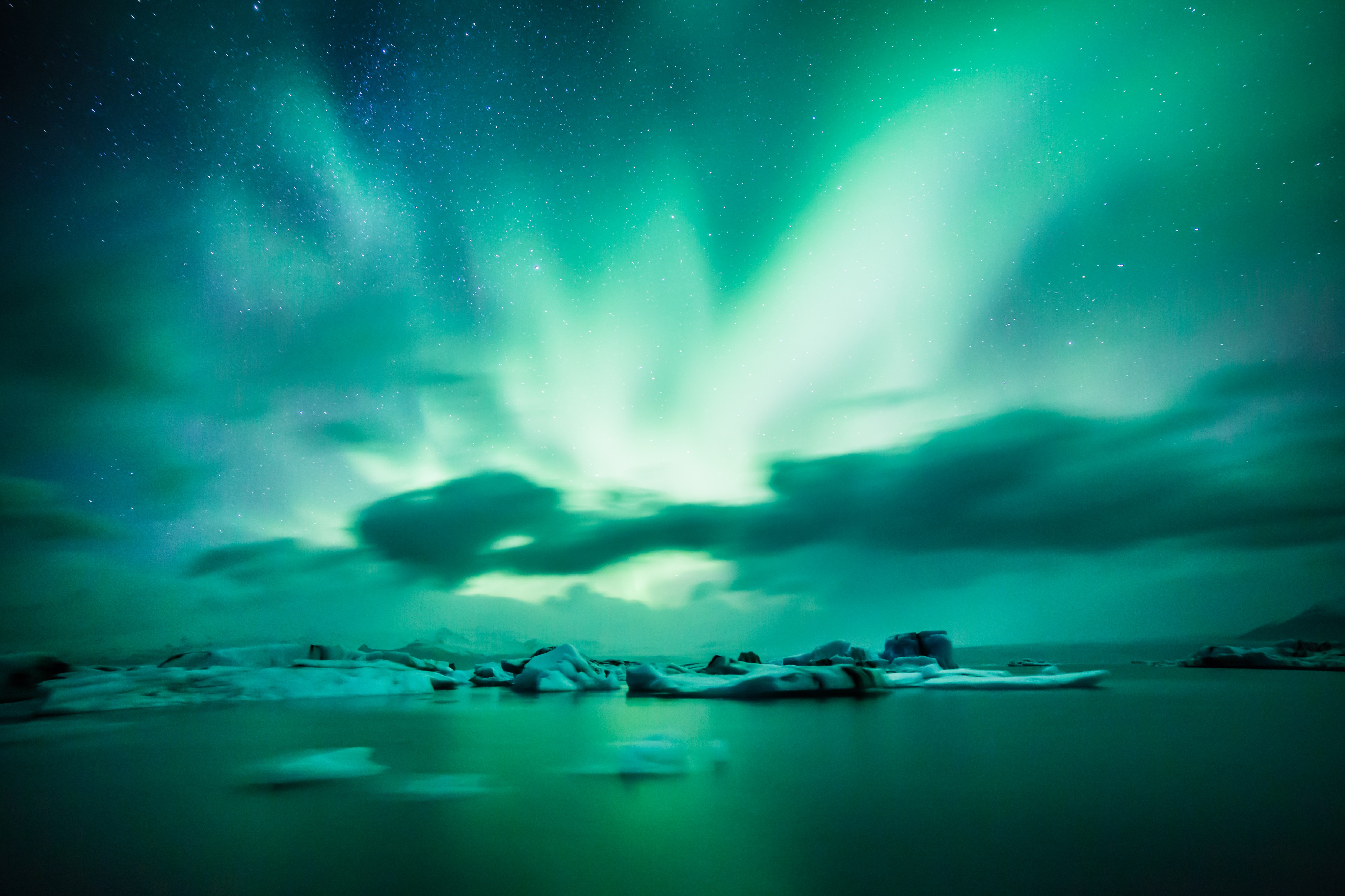 PCデスクトップに自然, 湖, 地平線, 北極光, アイスランド, オーロラ, 氷画像を無料でダウンロード