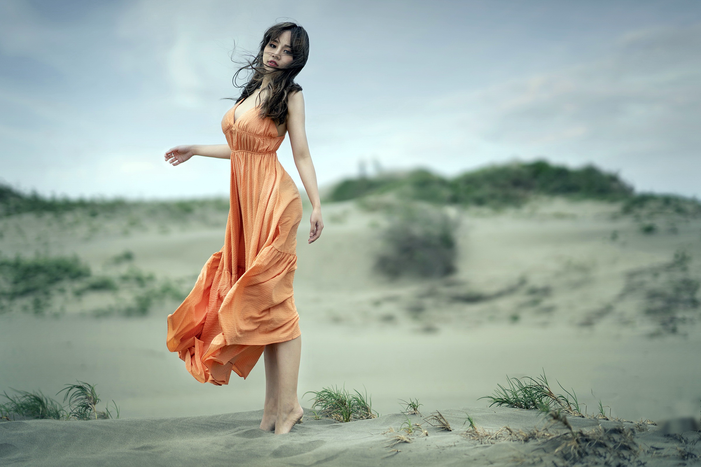 Download mobile wallpaper Brunette, Model, Women, Asian, Depth Of Field, Orange Dress for free.