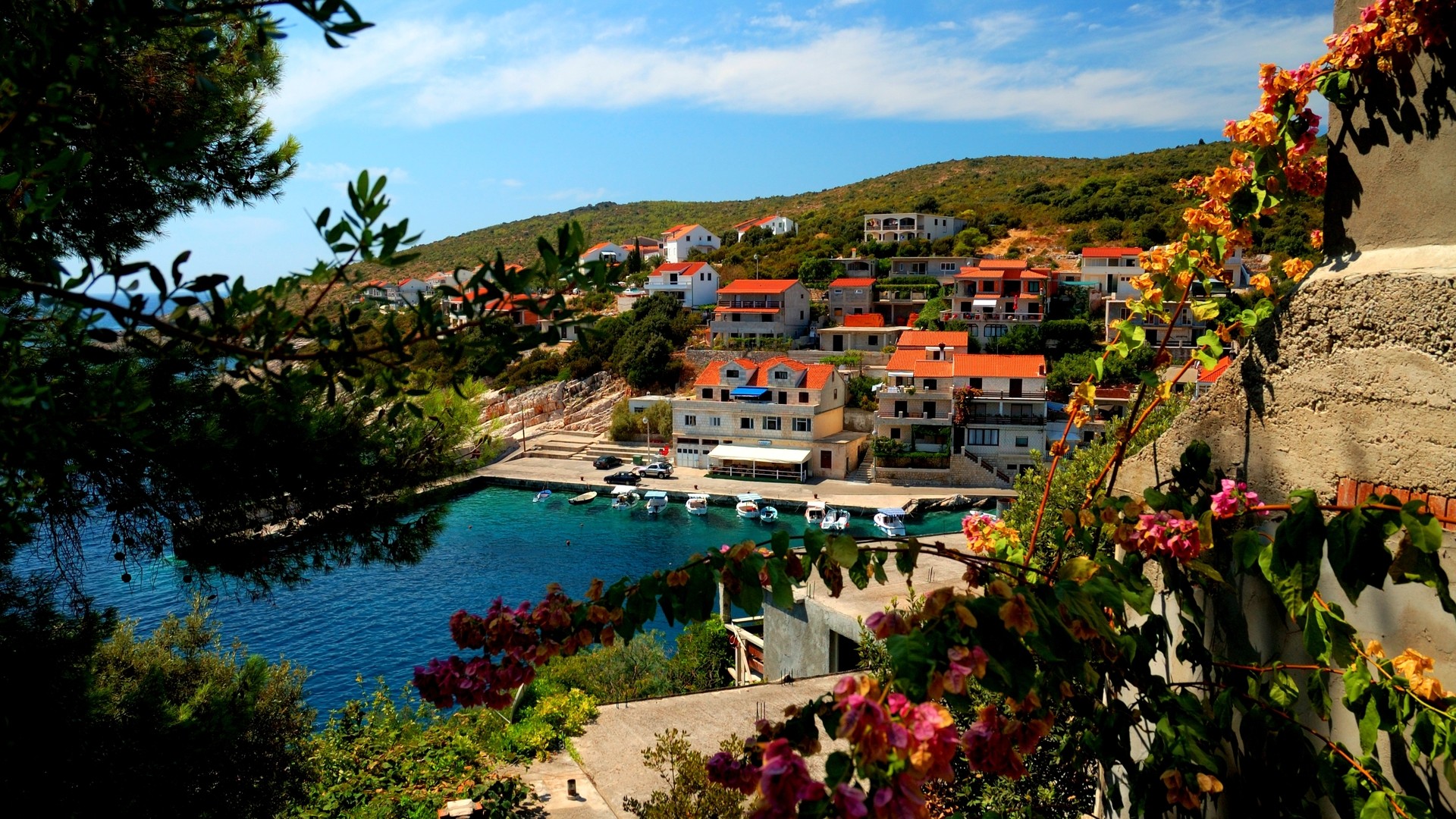 Download mobile wallpaper Mountain, Flower, Coast, House, Colors, Boat, Colorful, Town, Croatia, Man Made, Towns for free.