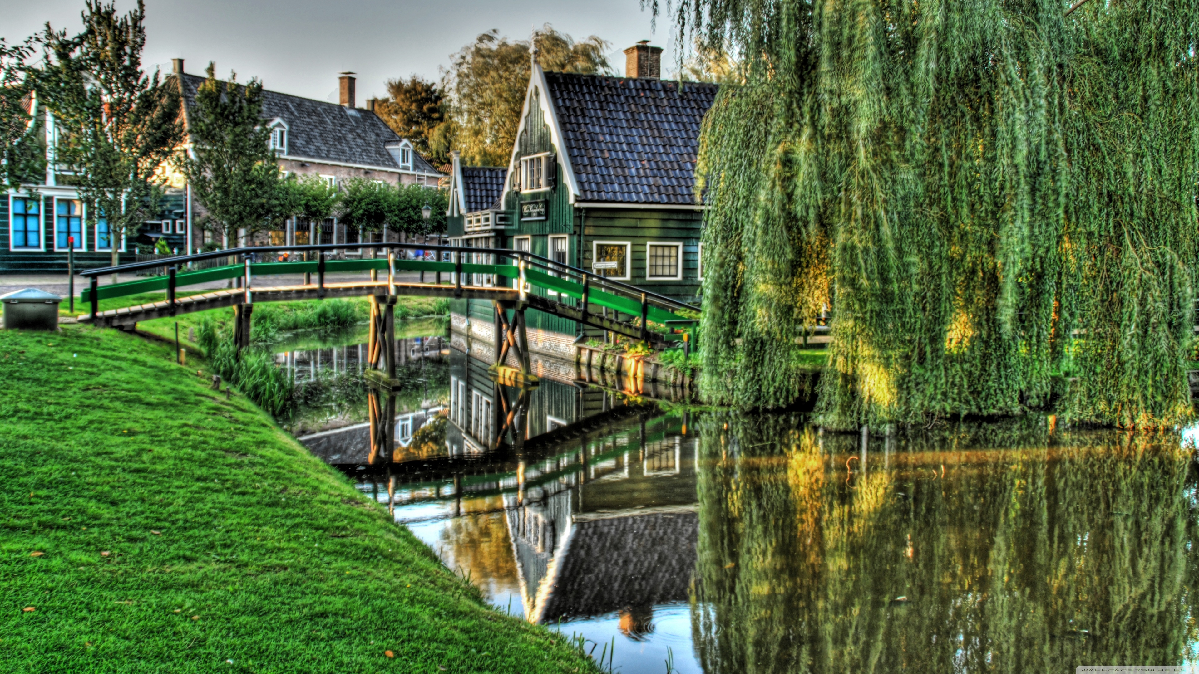 Download mobile wallpaper Grass, House, Bridge, Hdr, Netherlands, Man Made, Canal for free.