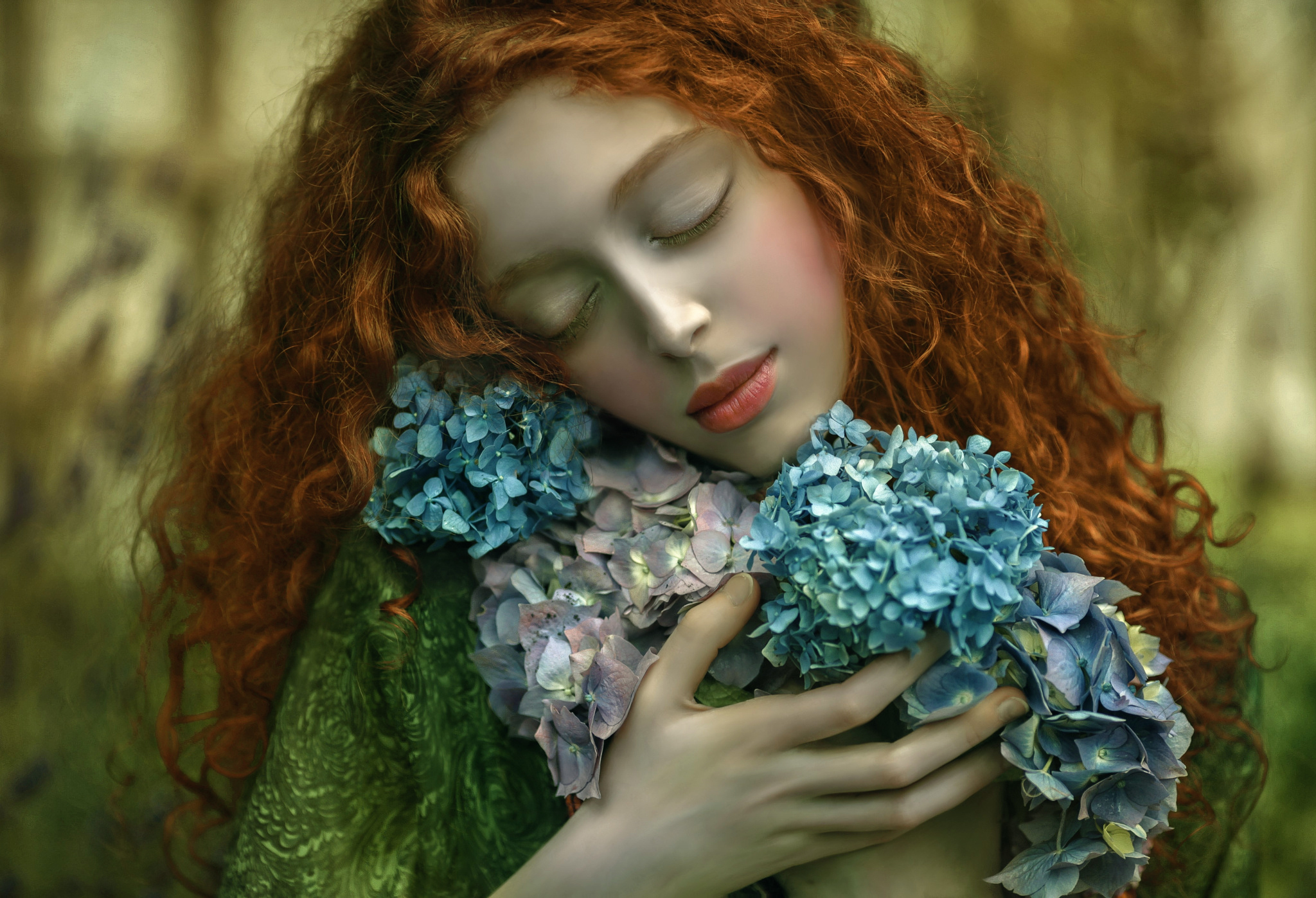 Download mobile wallpaper Nature, Flower, Redhead, Hydrangea, Photography, Women, Long Hair for free.