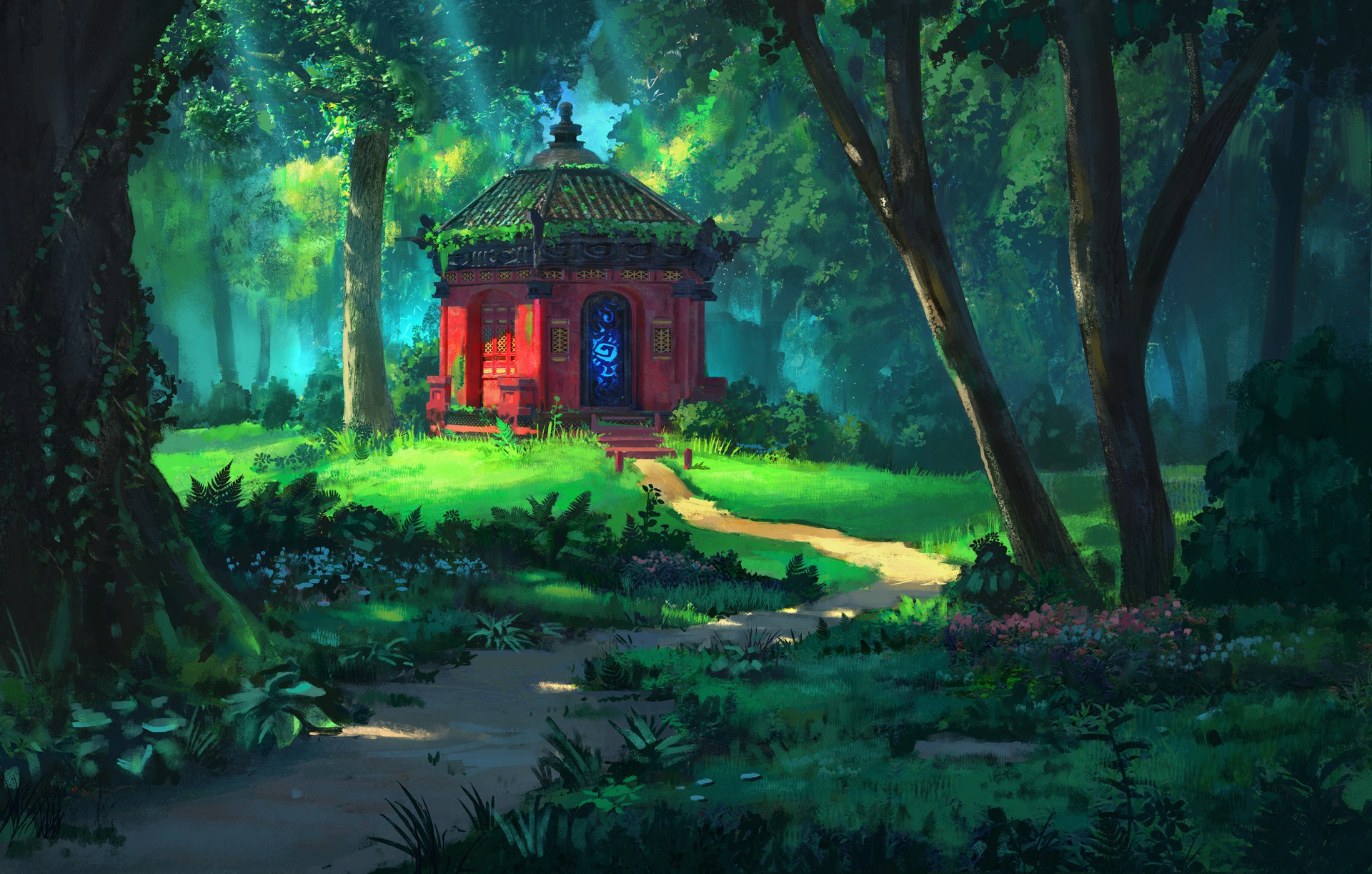 Free download wallpaper Fantasy, Building, Forest, Tree, Path, Oriental on your PC desktop