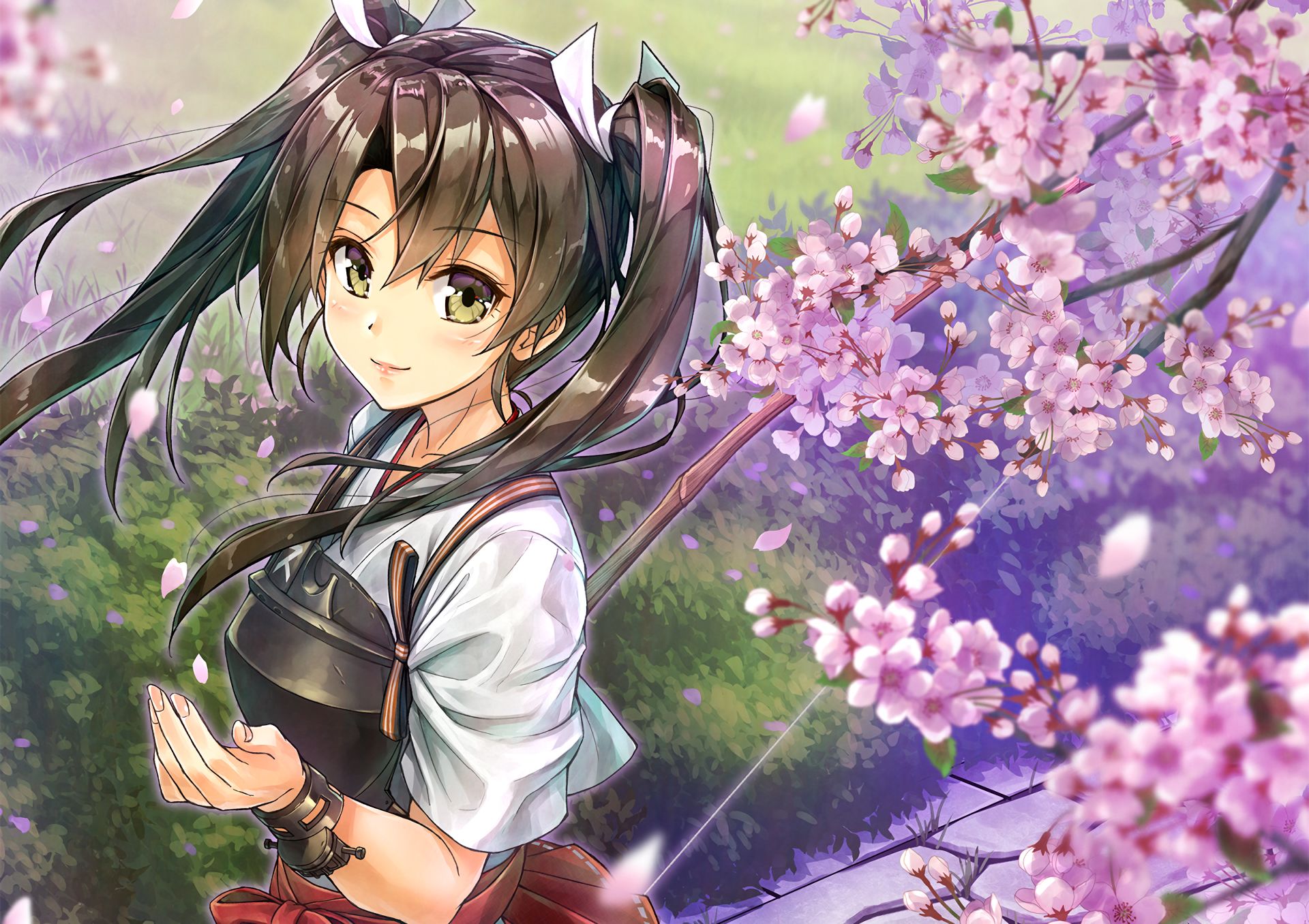 827728 descargar imagen animado, colección kantai, florecer, flor de cerezo, ojos verdes, pelo gris, flor rosa, primavera, colas gemelas, zuikaku (kancolle): fondos de pantalla y protectores de pantalla gratis