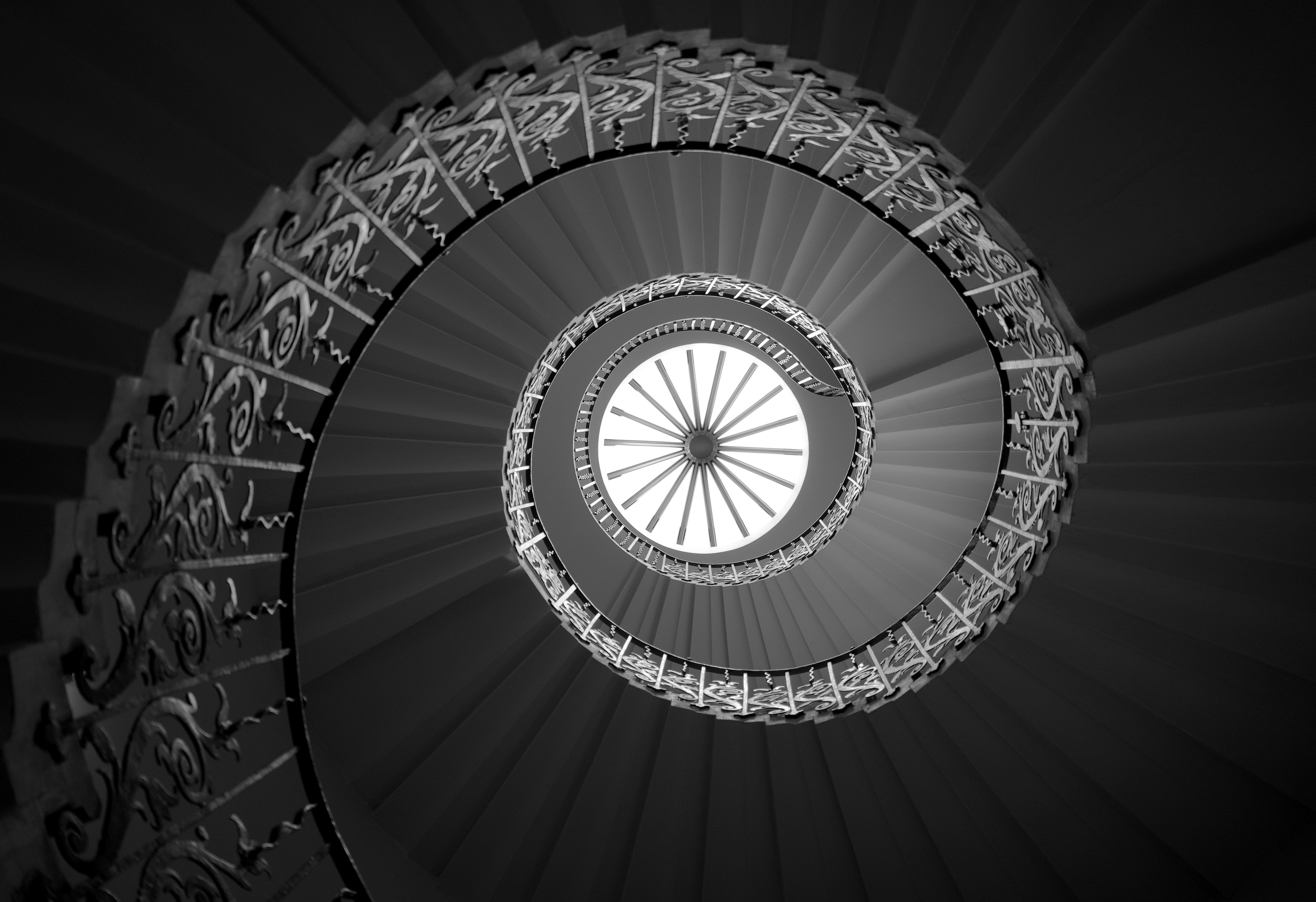 Download mobile wallpaper Chb, Ladder, Bw, Bottom View, Spiral, Stairs, Abstract for free.
