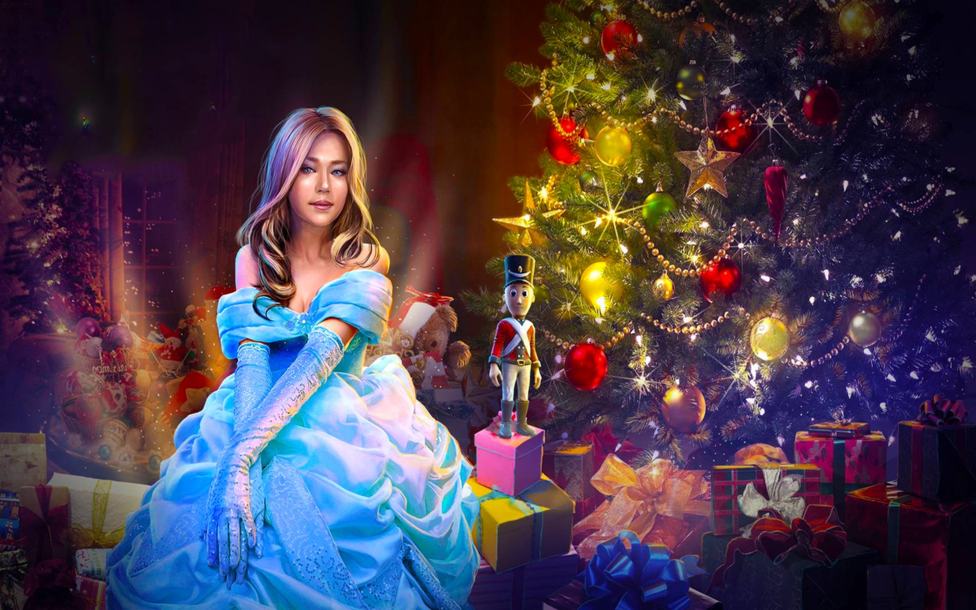 Free download wallpaper Fantasy, Christmas, Christmas Tree, Blonde, Glove, Women, Blue Dress on your PC desktop