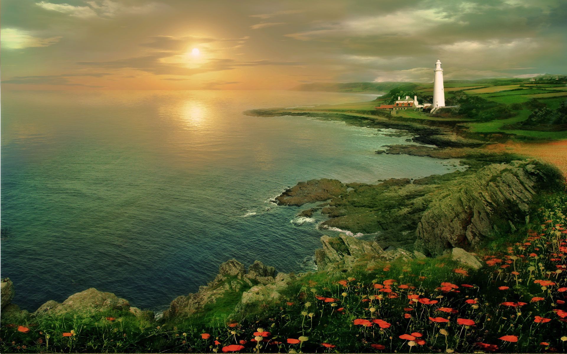 Free download wallpaper Flowers, Sea, Poppies, Coast, Lighthouse, Nature, Sunset, Height on your PC desktop