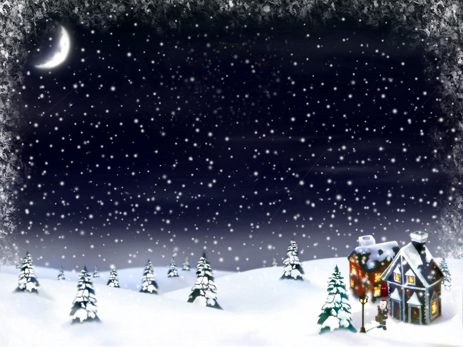 holidays, new year, moon, snow, fir trees, christmas, house