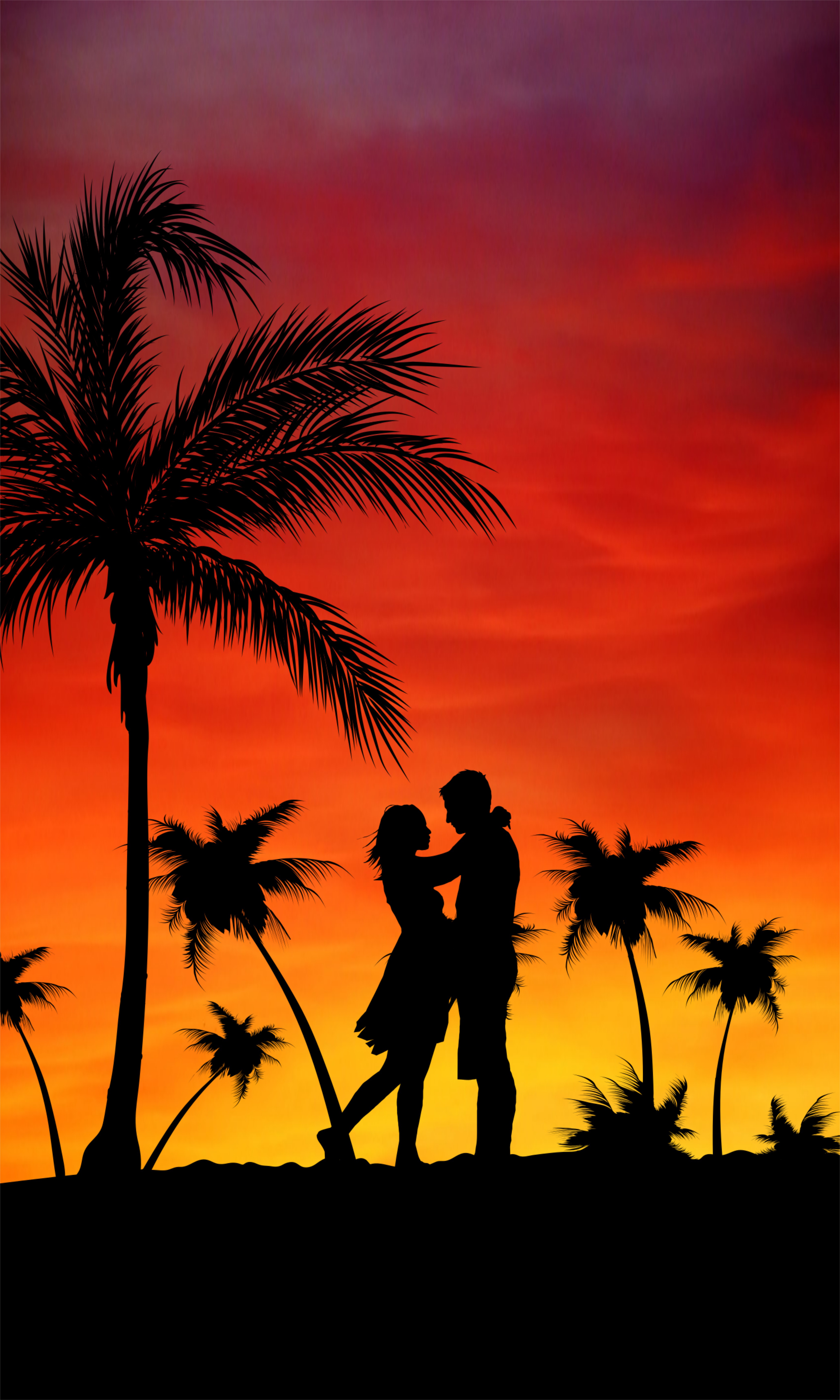 love, couple, pair, sunset, palms Full HD