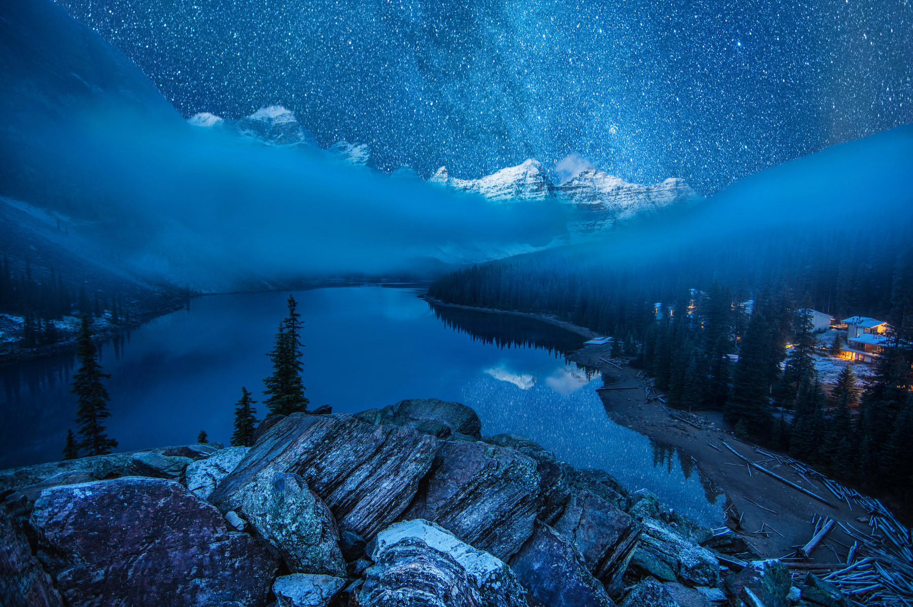 Download mobile wallpaper Winter, Stars, Night, Snow, Lake, Canada, Forest, Fog, Starry Sky, Photography, Moraine Lake for free.
