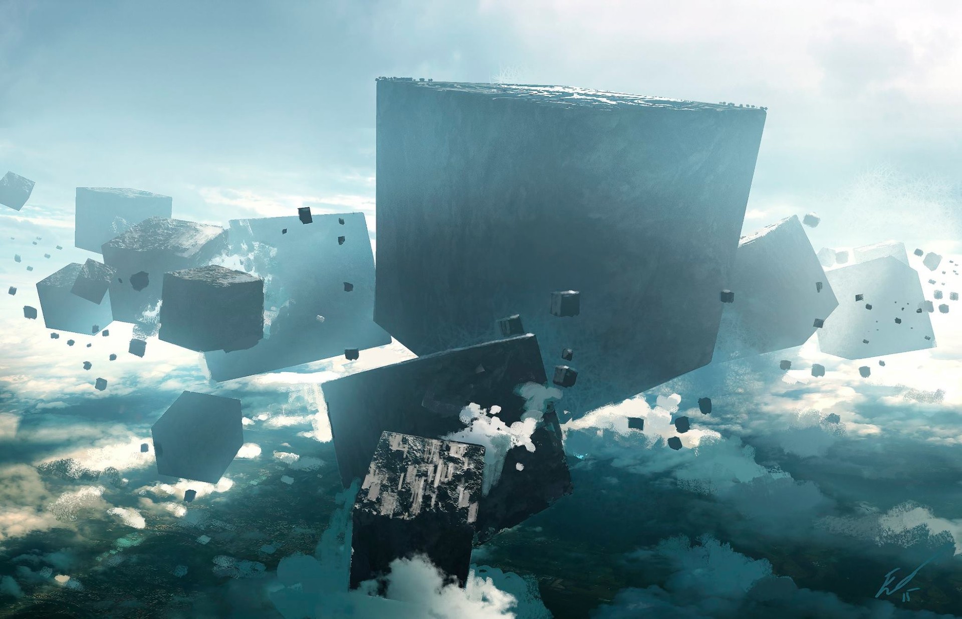 Download mobile wallpaper Landscape, Sci Fi, Cloud, Cube, Floating for free.