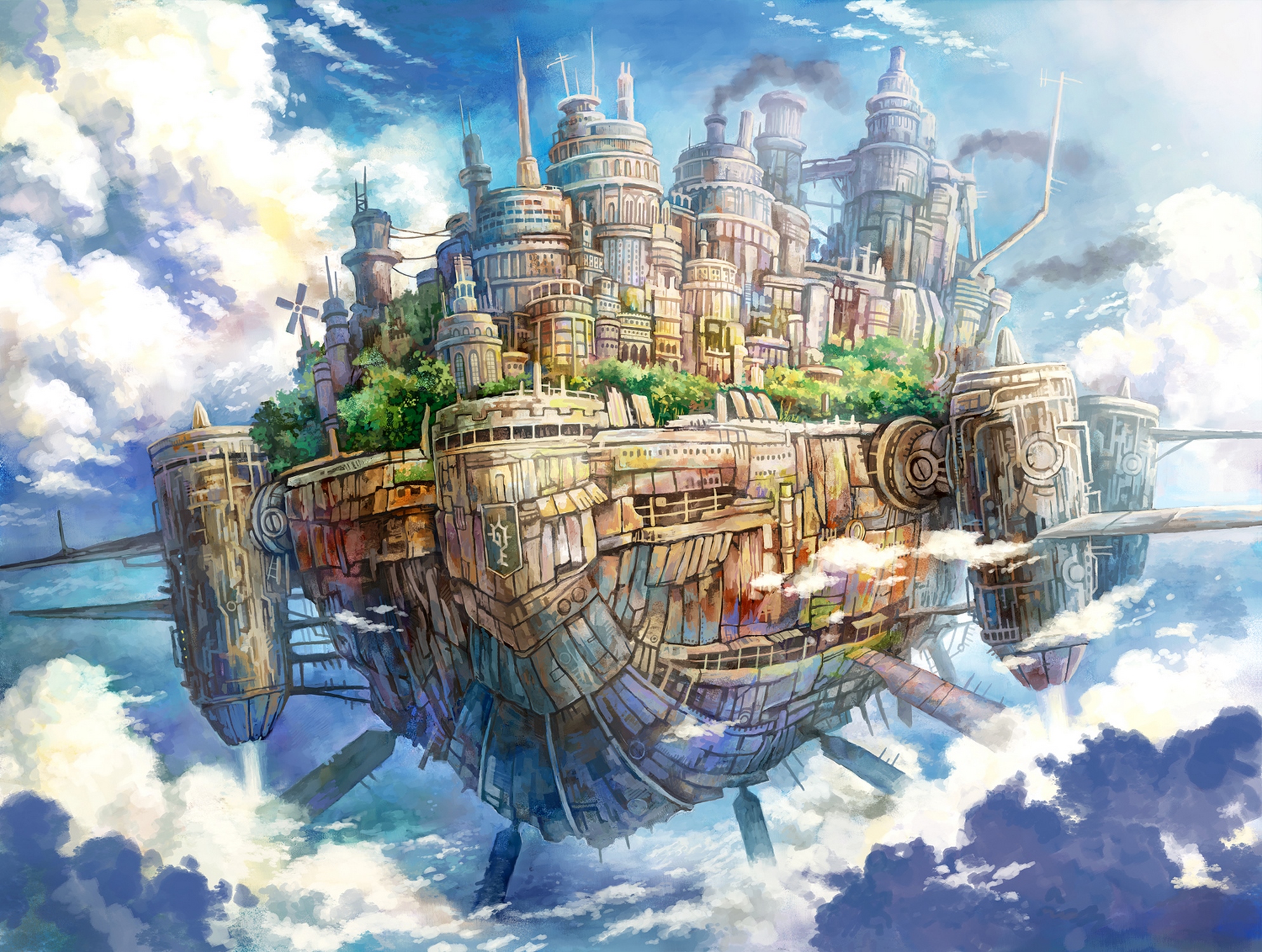 Download mobile wallpaper Anime, City, Cloud, Aircraft, Steampunk, Original for free.