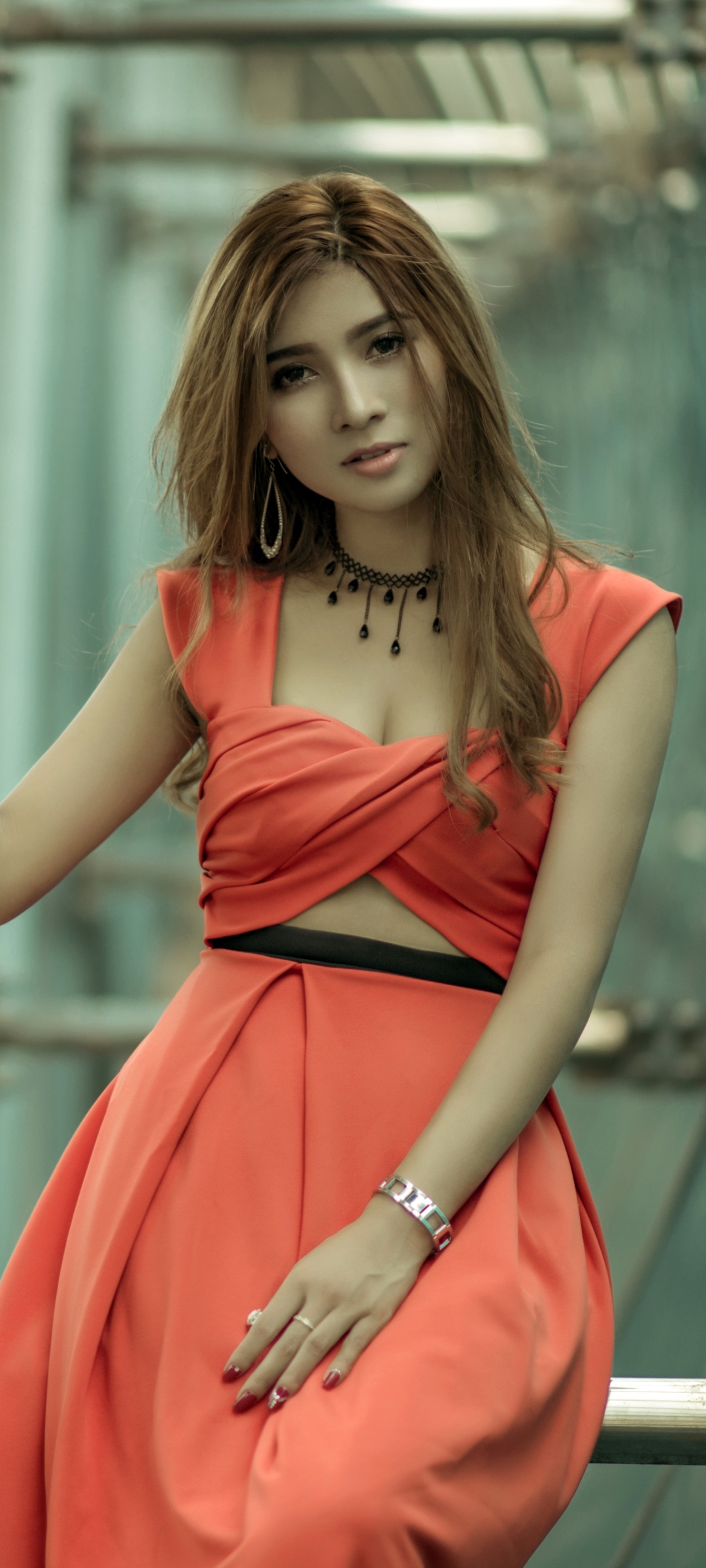 Download mobile wallpaper Brunette, Model, Women, Asian, Red Dress for free.