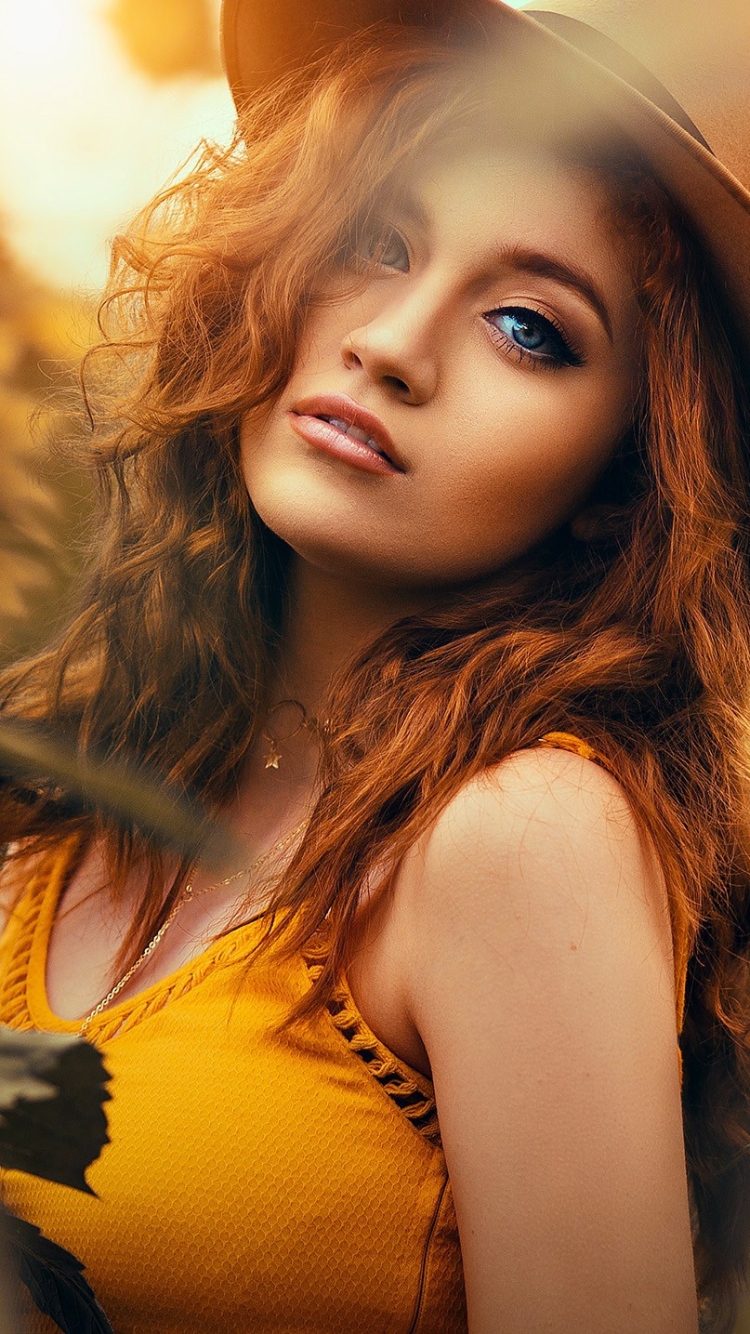 Download mobile wallpaper Redhead, Hat, Model, Women, Blue Eyes for free.