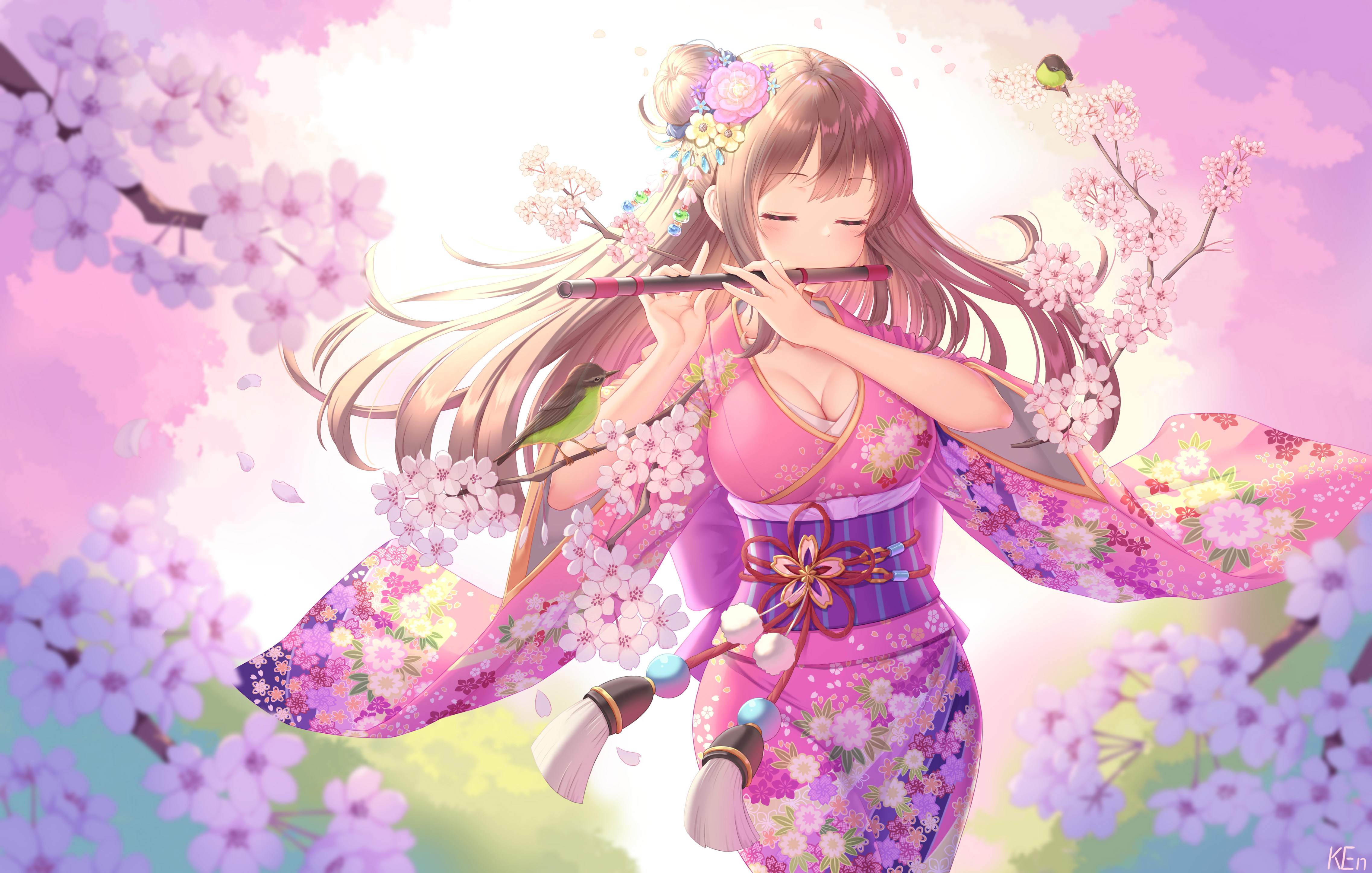 1534509 скачать картинку аниме, девочка, цветущие, коричневые волосы, цветок, флейта, кимоно, длинные волосы, весна - обои и заставки бесплатно