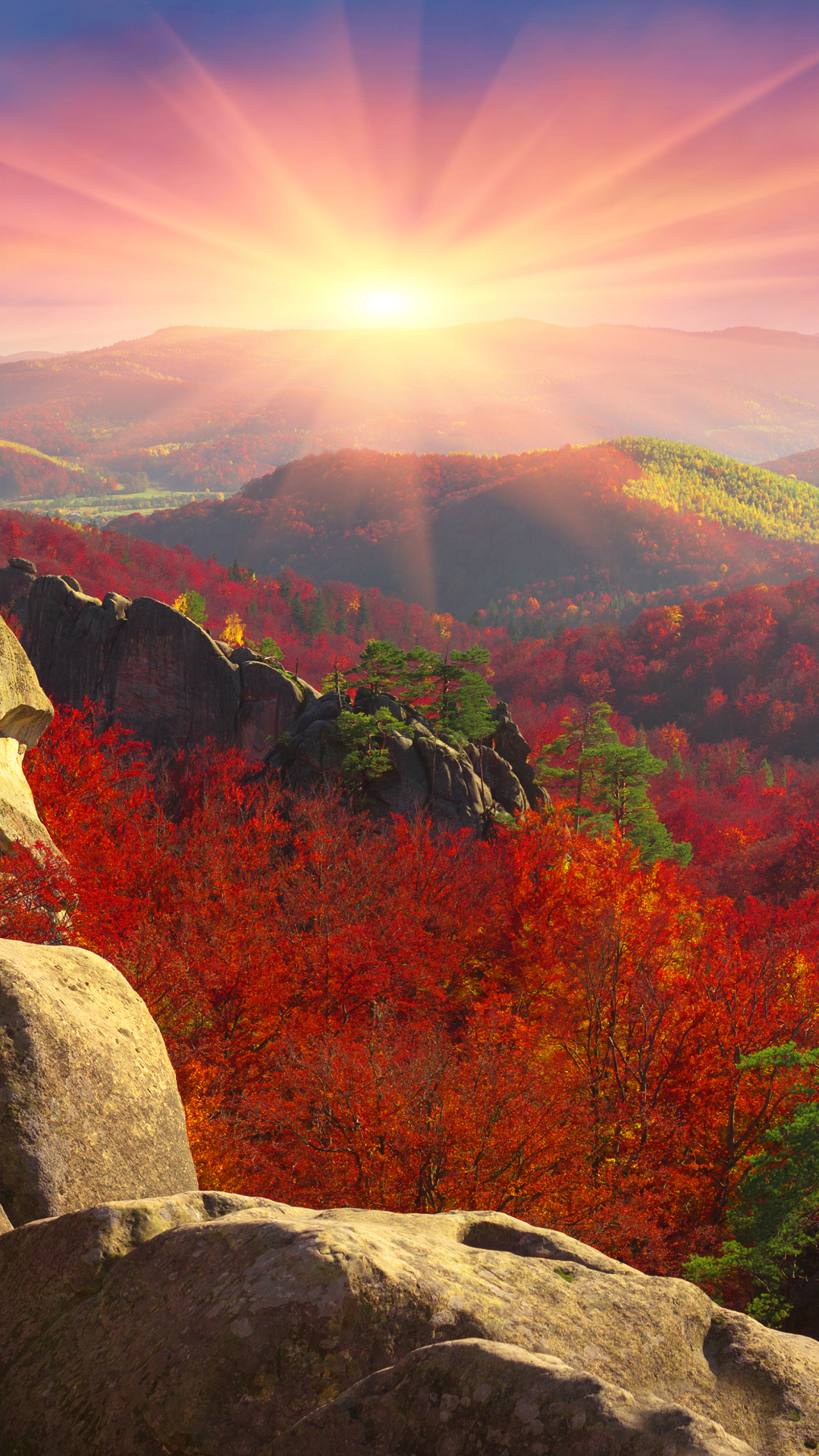 Handy-Wallpaper Landschaft, Herbst, Wald, Gebirge, Sonnenuntergang, Sonne, Berge, Erde/natur kostenlos herunterladen.