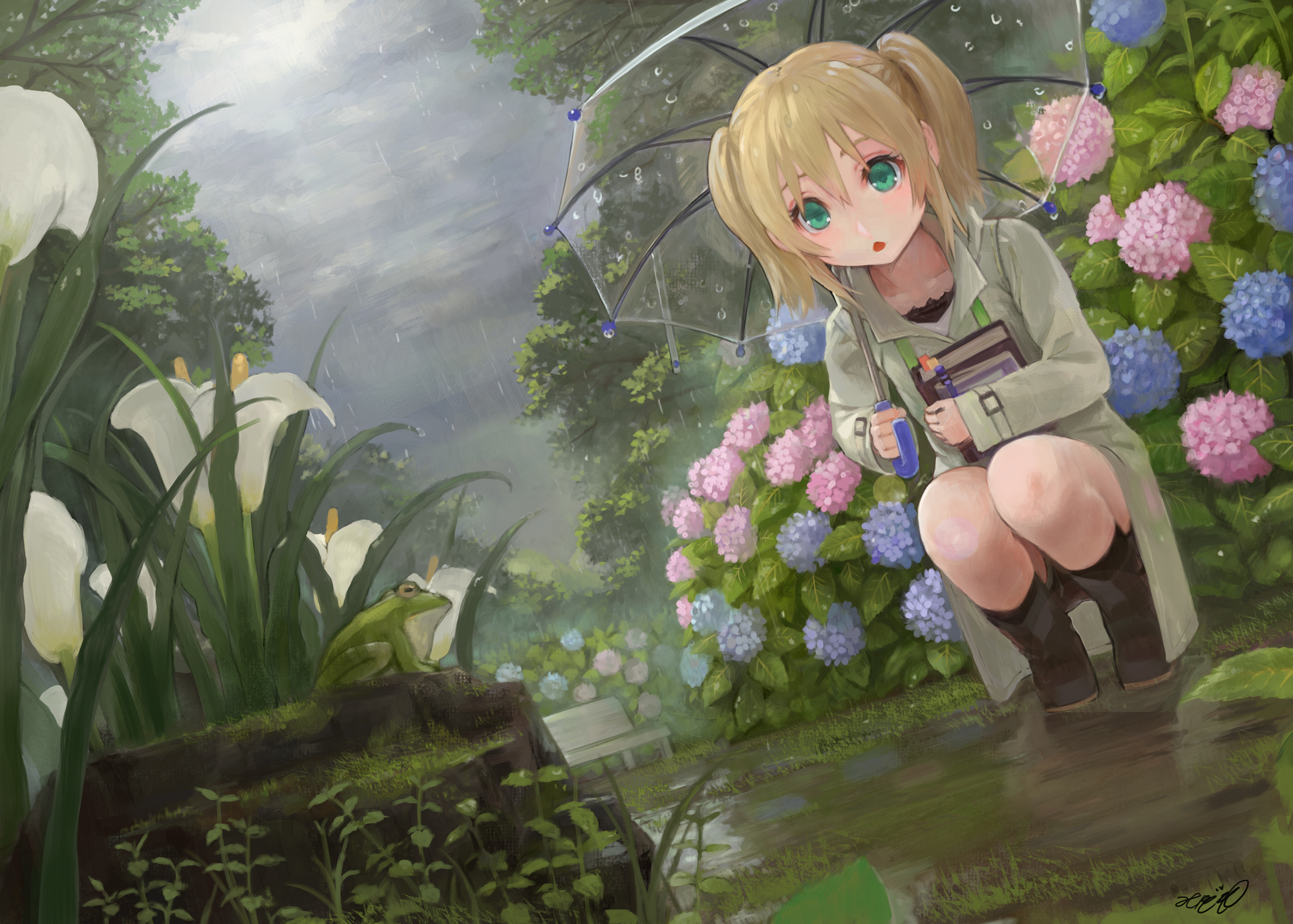 Download mobile wallpaper Anime, Rain, Flower, Umbrella, Blonde, Green Eyes, Original, Short Hair, Twintails for free.
