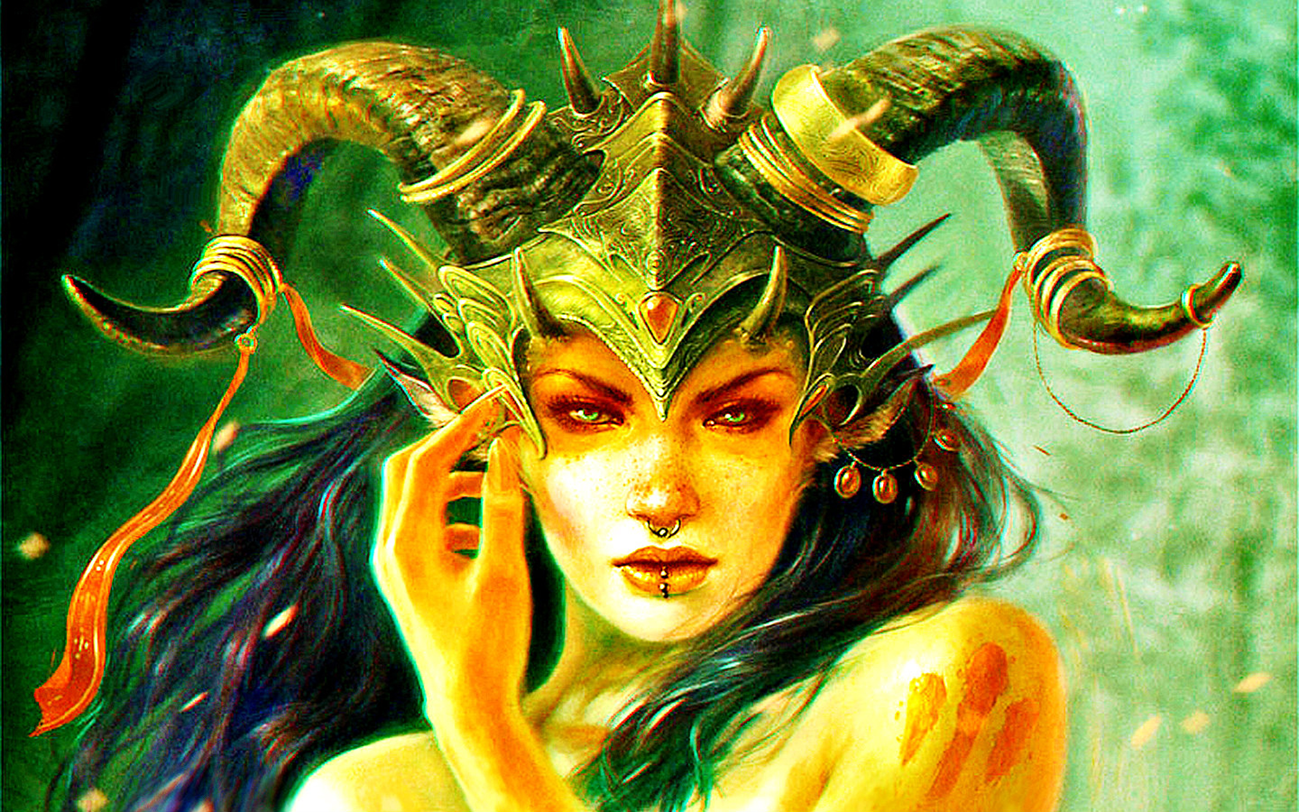 fantasy, demon, gold, helmet, horns, piercing