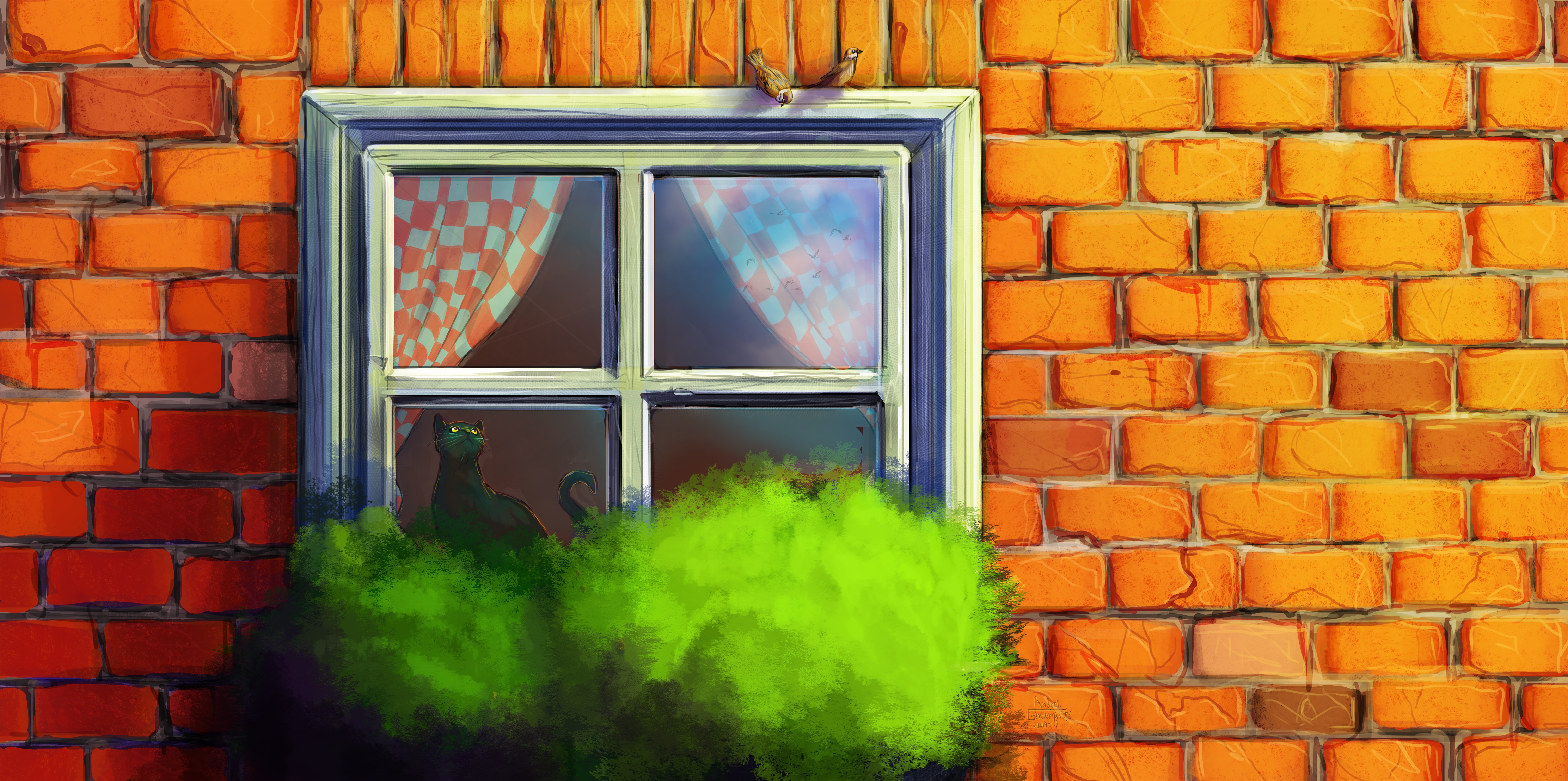 Free download wallpaper Window, Cat, Art, House on your PC desktop