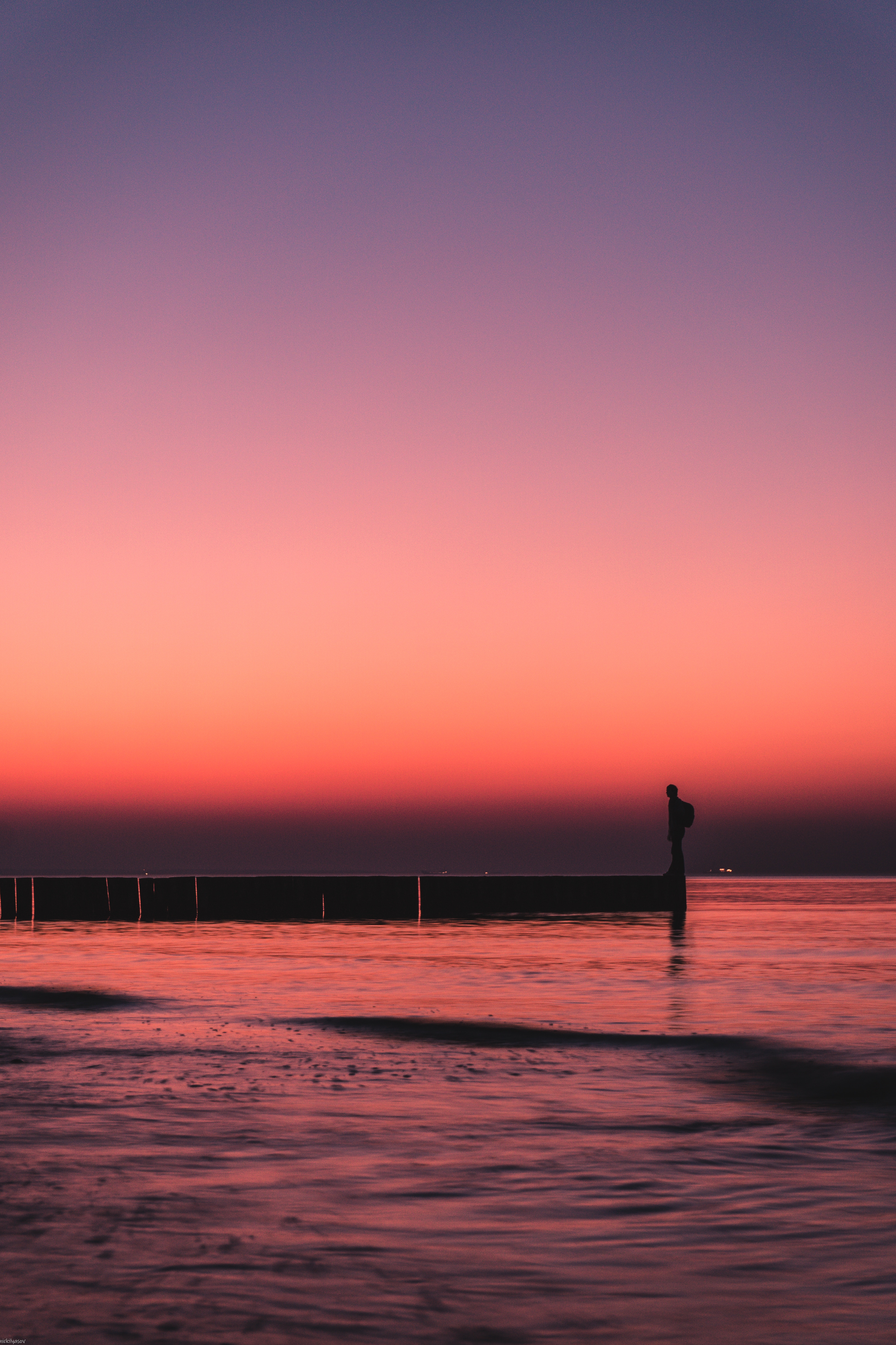 Download mobile wallpaper Sunset, Nature, Horizon, Pier, Sea, Loneliness for free.