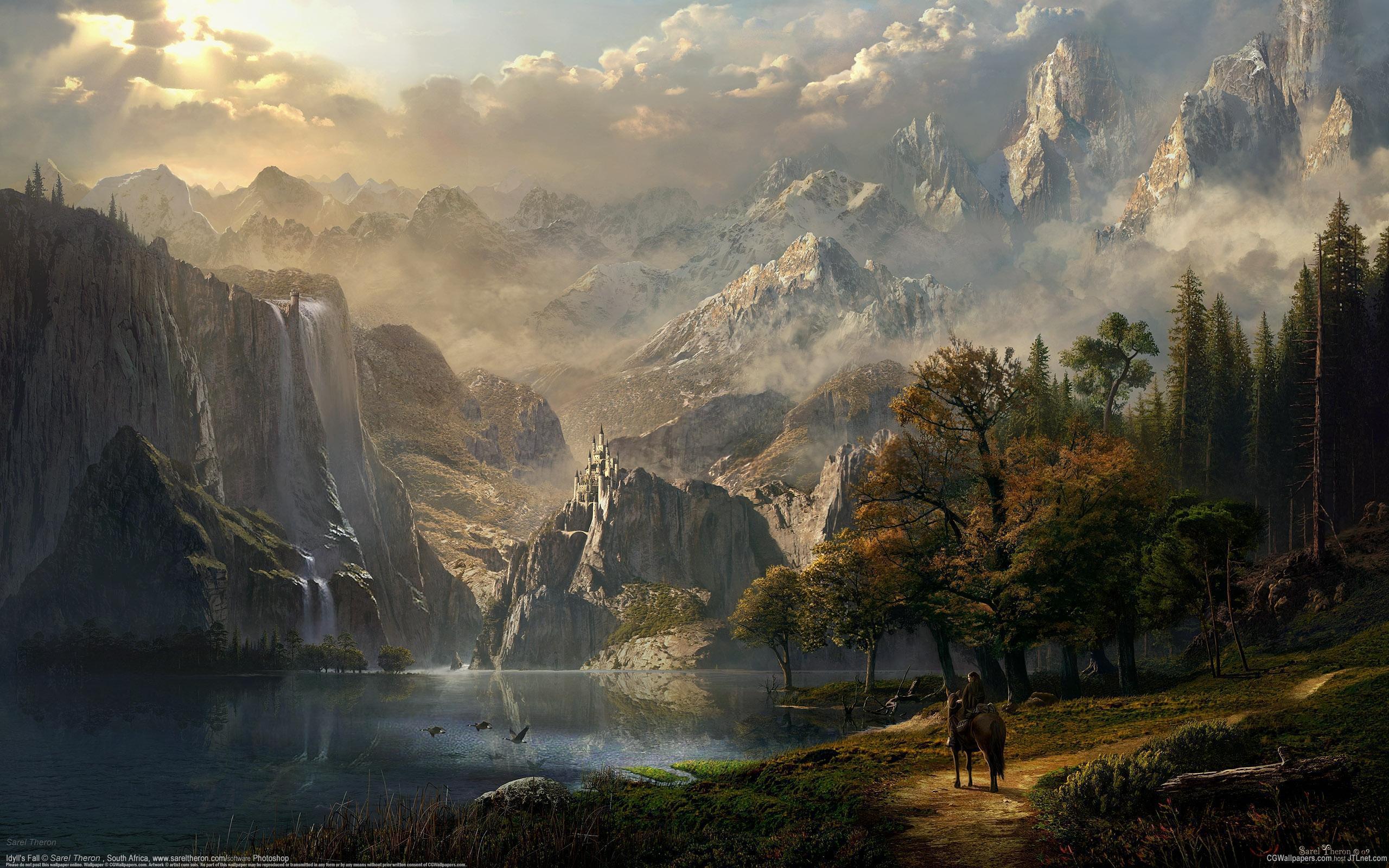 Free download wallpaper Landscape, Rivers, Trees, Mountains, Pictures, Horses on your PC desktop