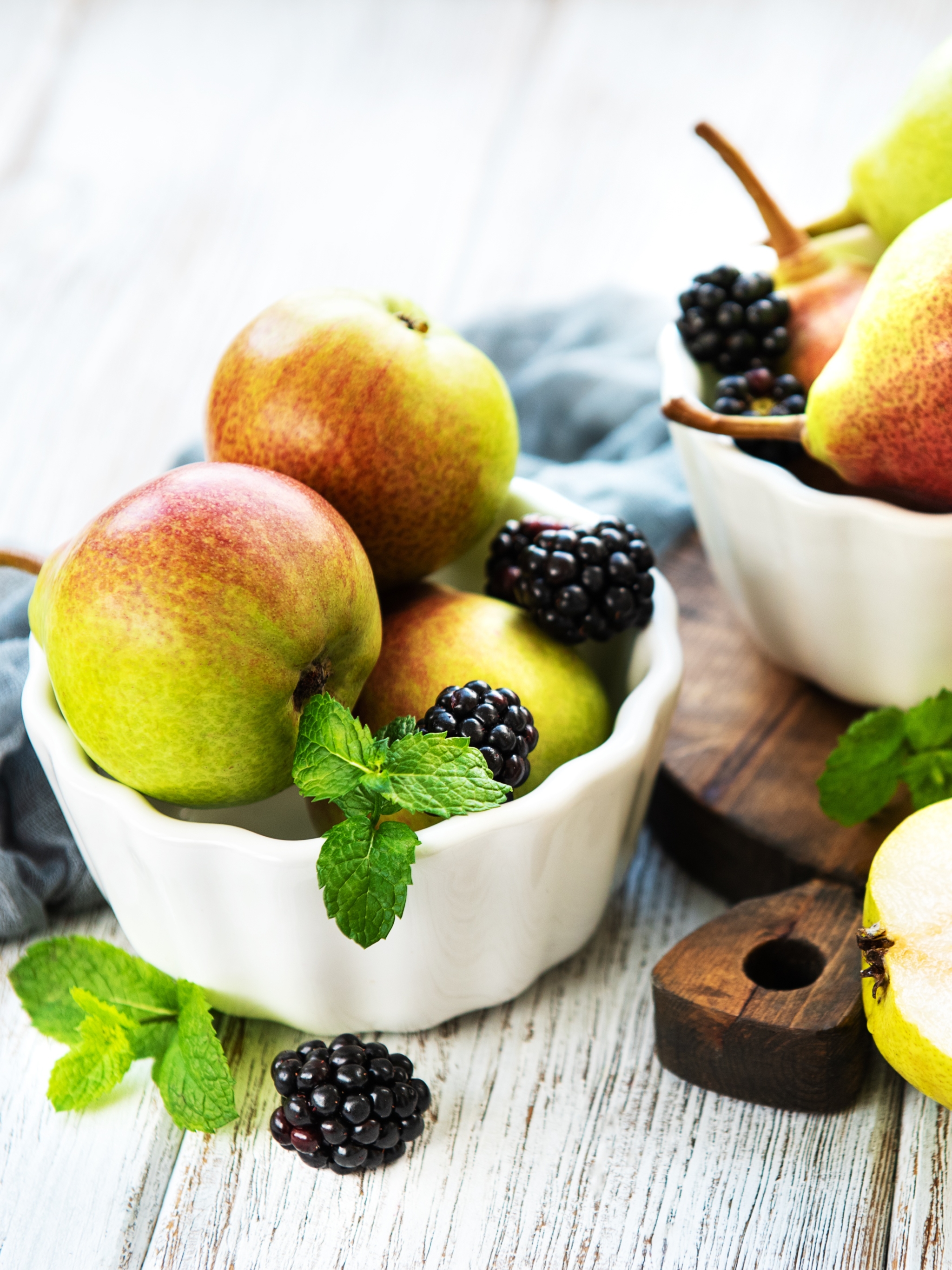 Download mobile wallpaper Fruits, Food, Apple, Still Life, Blackberry, Fruit, Pear for free.