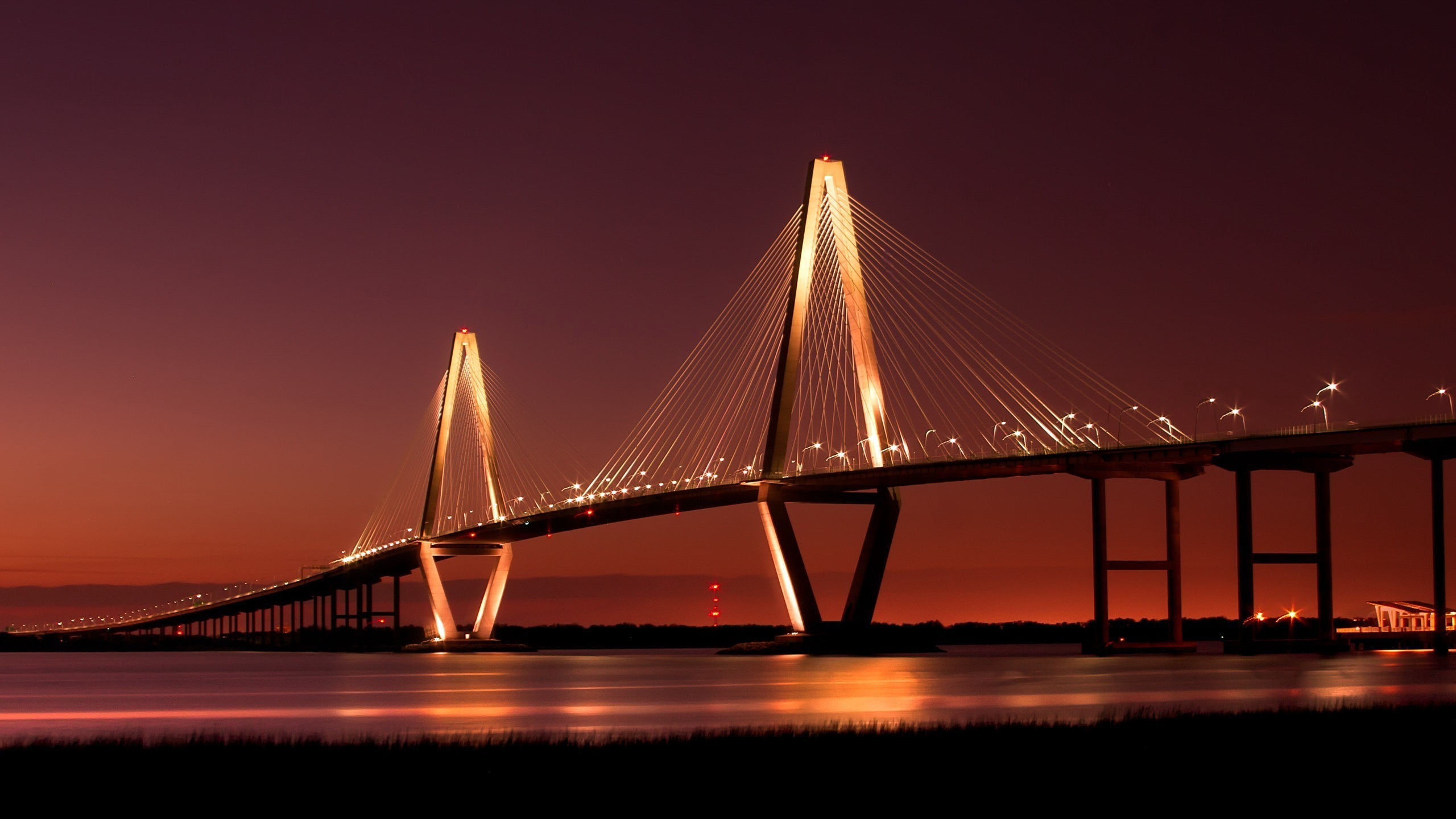 Download mobile wallpaper River, Bridge, Bridges, Light, Man Made, Night for free.