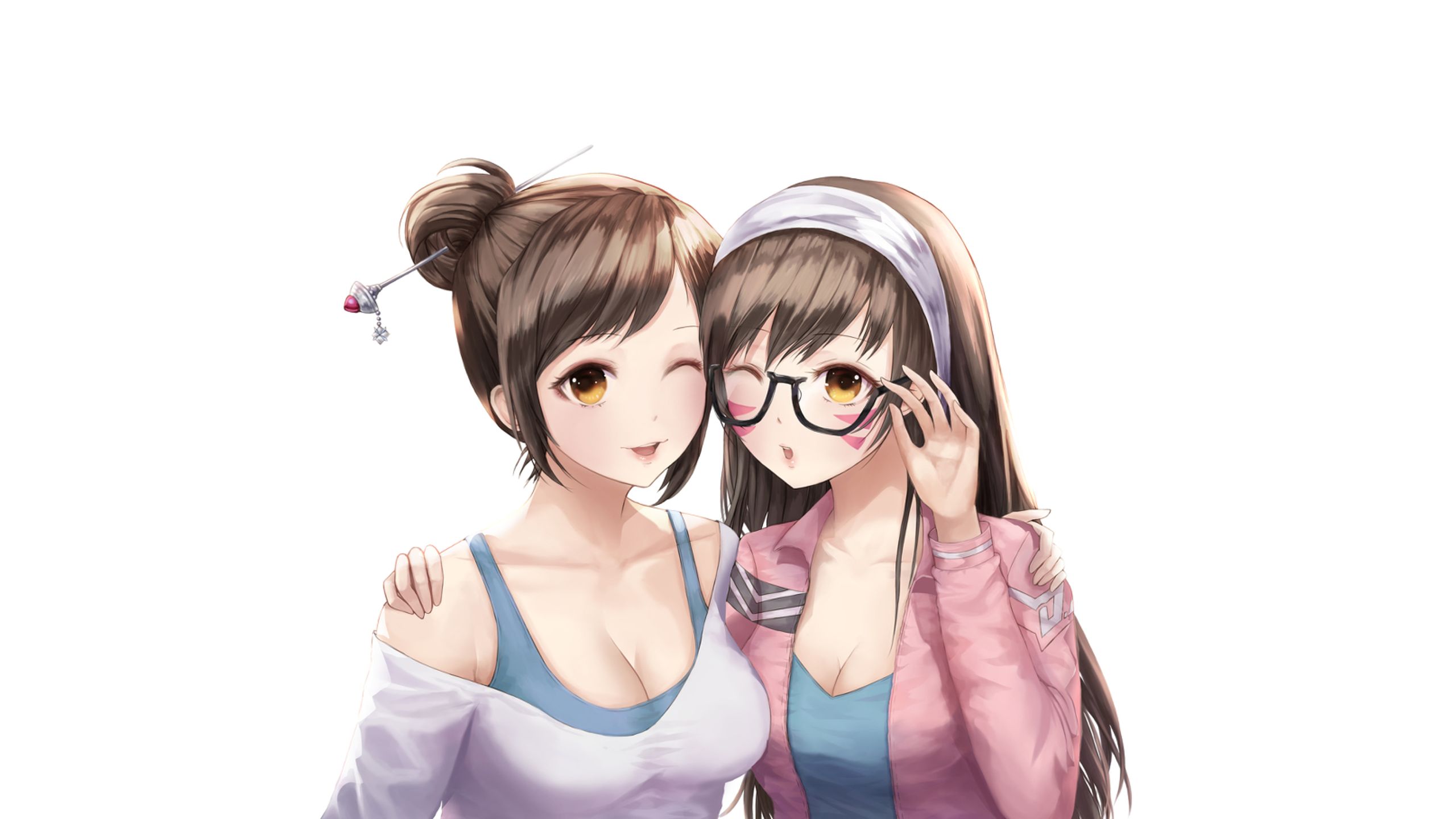 Download mobile wallpaper Glasses, Yellow Eyes, Overwatch, Video Game, Black Hair, Long Hair, D Va (Overwatch), Mei (Overwatch) for free.