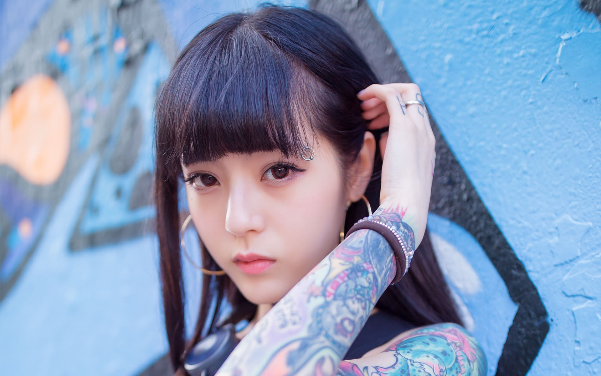 Download mobile wallpaper Tattoo, Women, Asian, Brown Eyes, Black Hair for free.