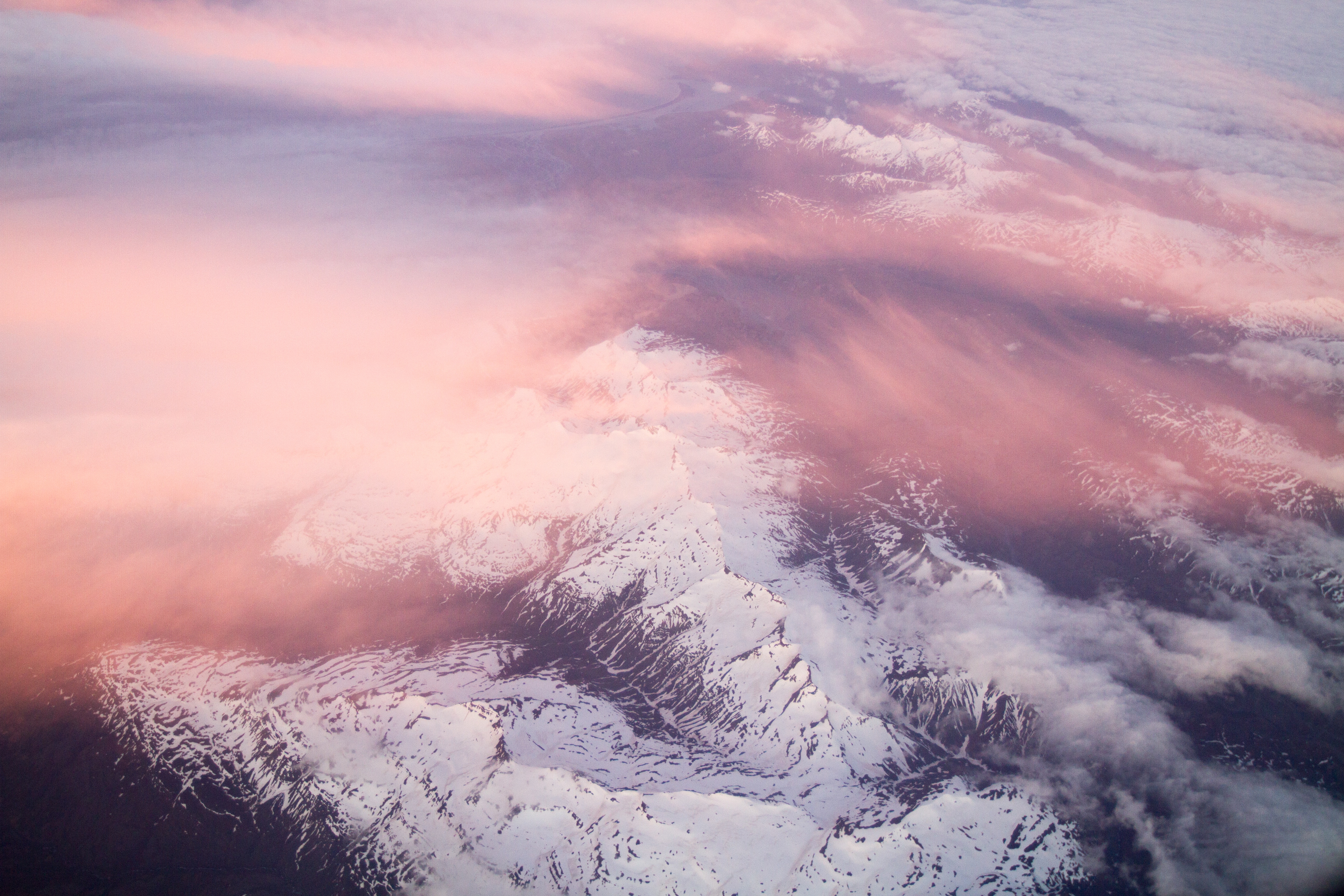 Download mobile wallpaper Tops, Vertex, Clouds, Nature, Mountains, Pink for free.
