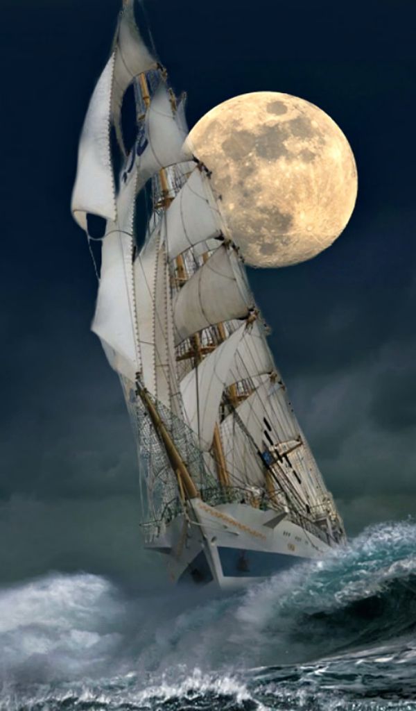 sailboat, moon, sea, vehicles, sailing ship, vehicle, sails, wave, ocean cell phone wallpapers