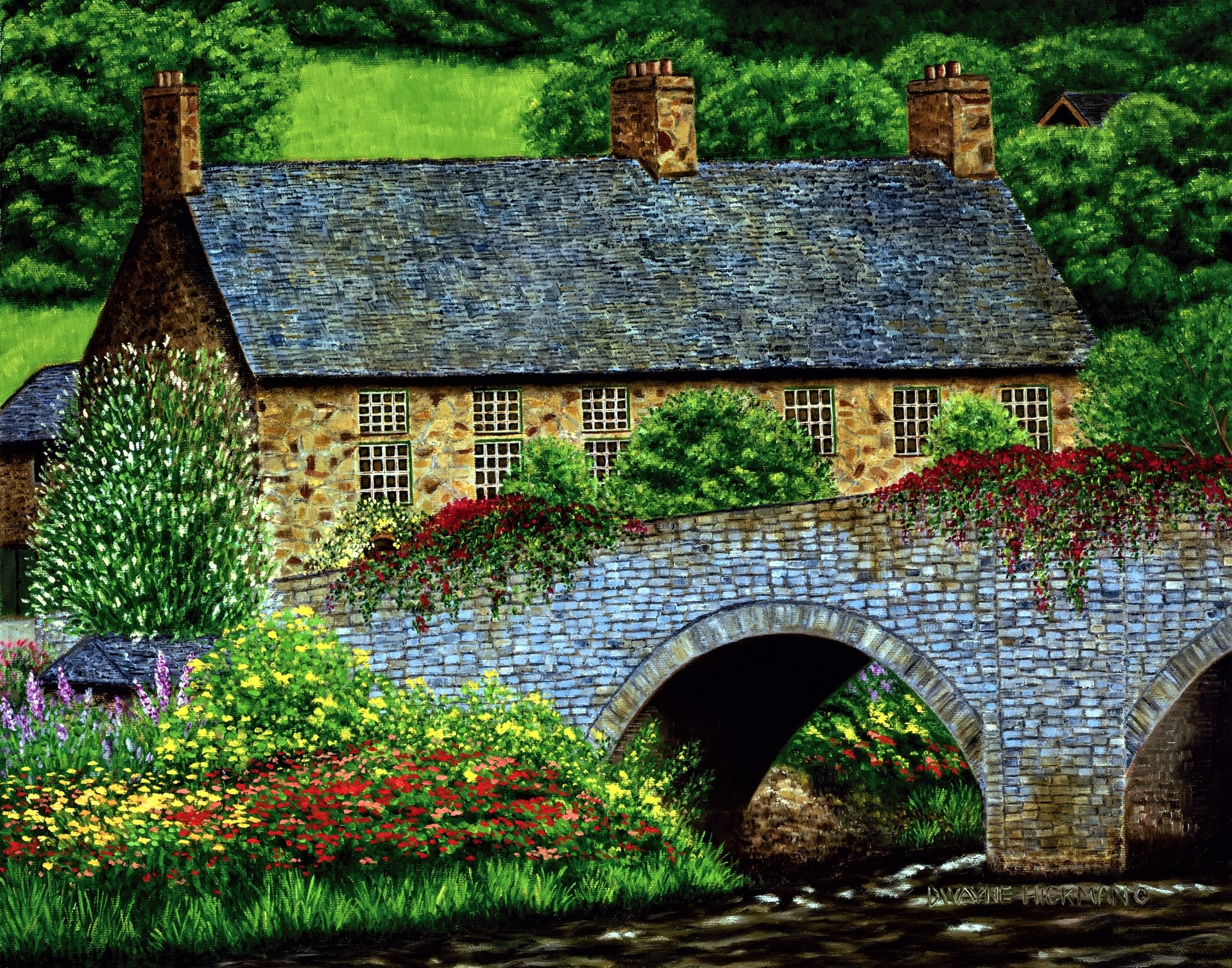 Download mobile wallpaper Flower, Tree, House, Bridge, Stone, Painting, Artistic for free.