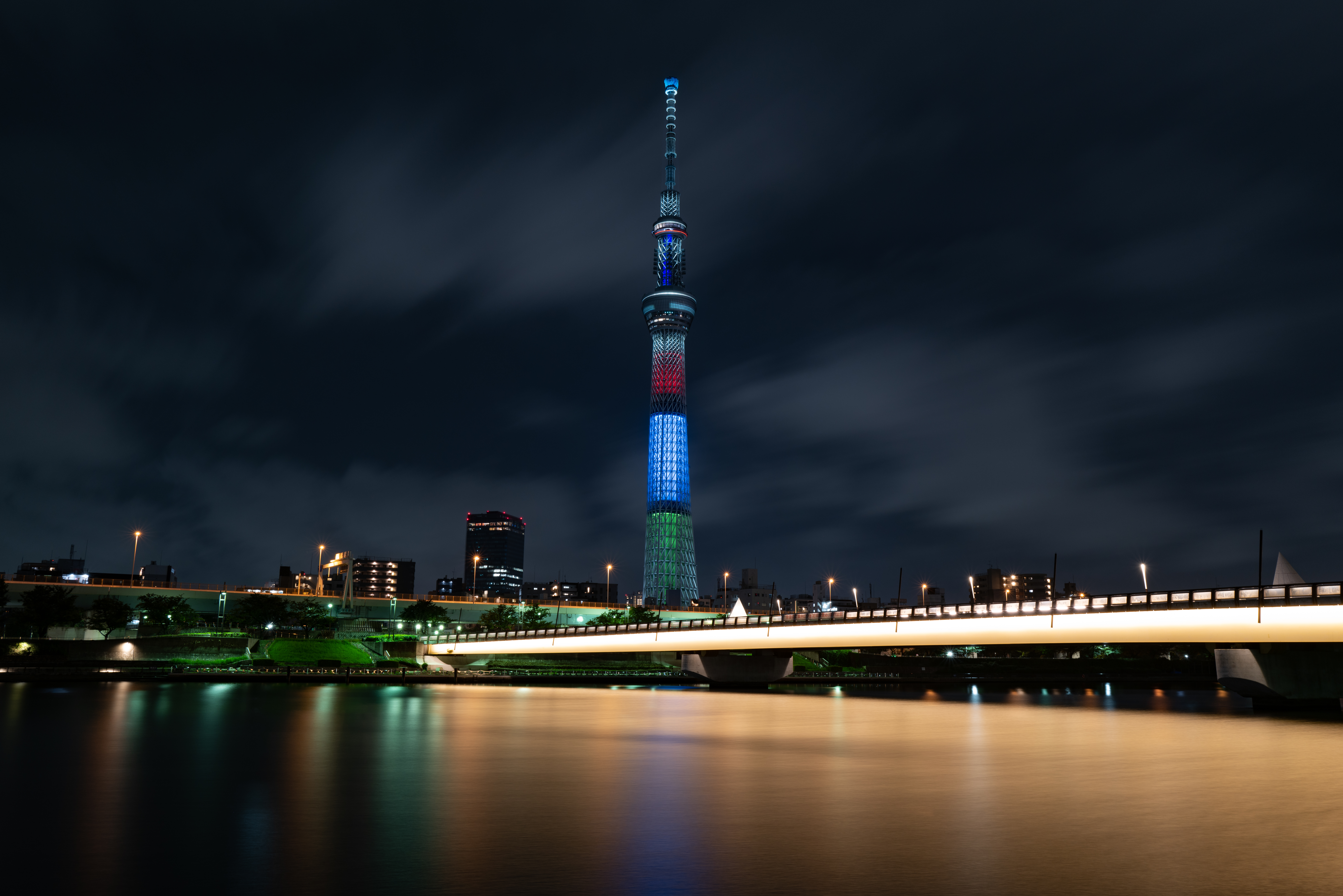 Download mobile wallpaper Bridge, Tower, Lights, Building, Cities, Night City, Architecture for free.