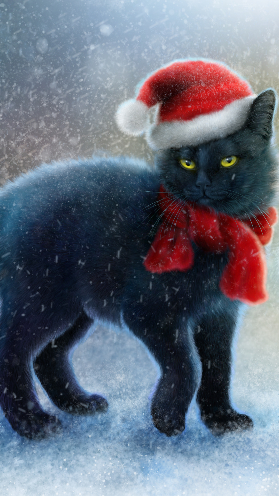 Скачать картинку Снег, Кот, Рождество, Кошка, Снегопад, Шарф, Праздничные, Шляпа Санты в телефон бесплатно.