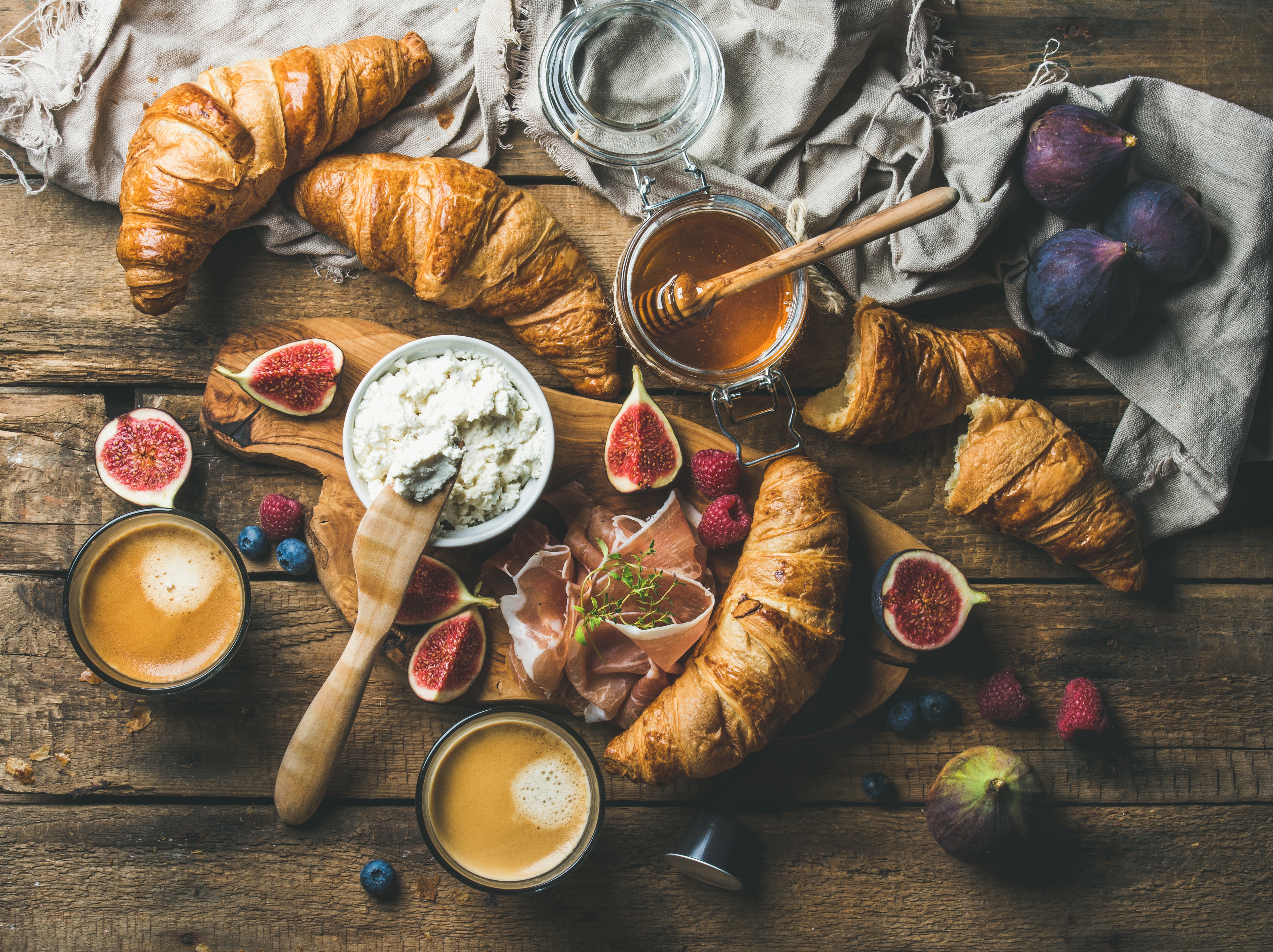 Download mobile wallpaper Food, Coffee, Still Life, Honey, Fig, Breakfast, Croissant for free.