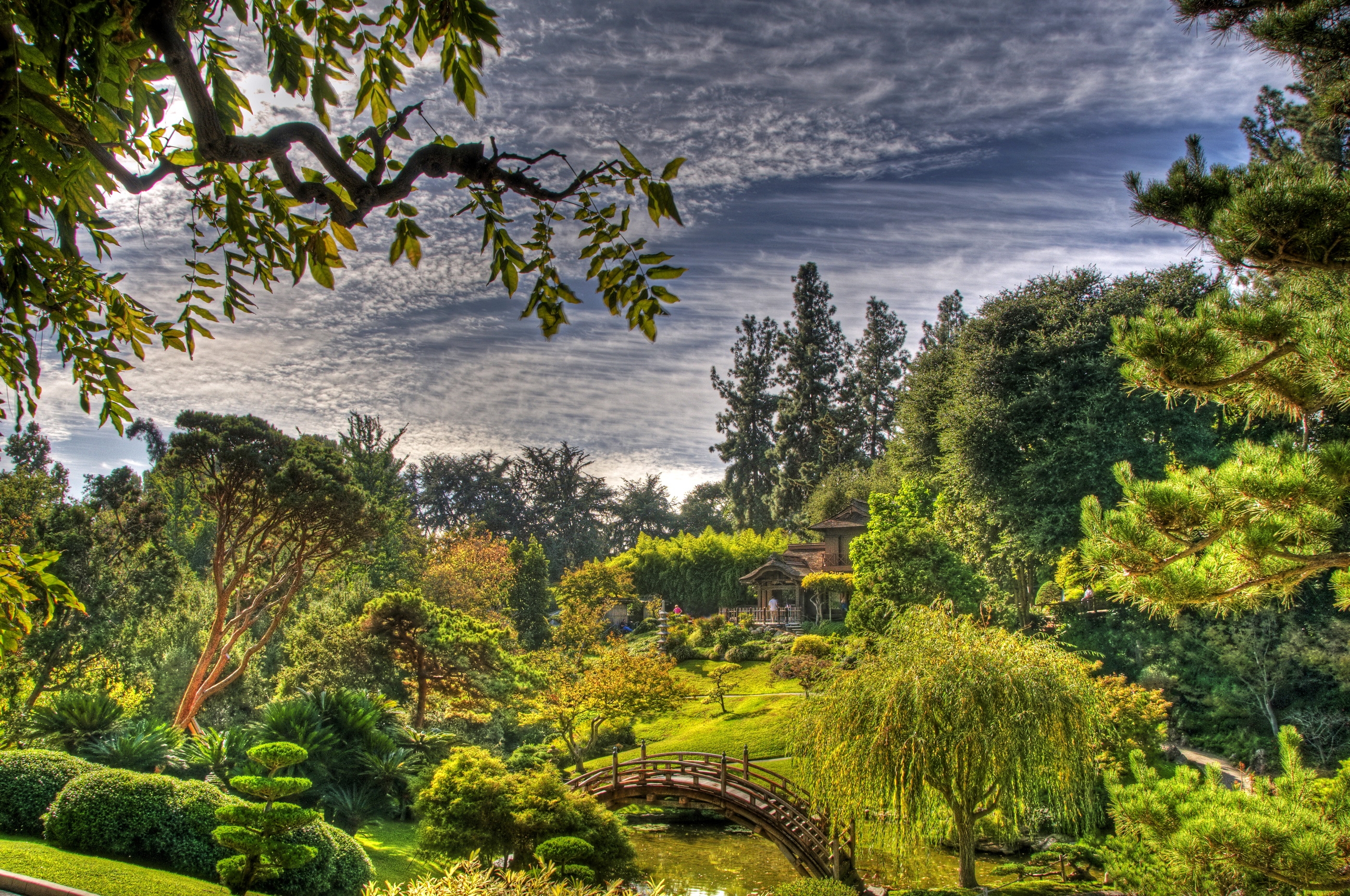 nature, sky, leaves, clouds, green, vegetation, bridge, garden, alcove, bower, arboretum