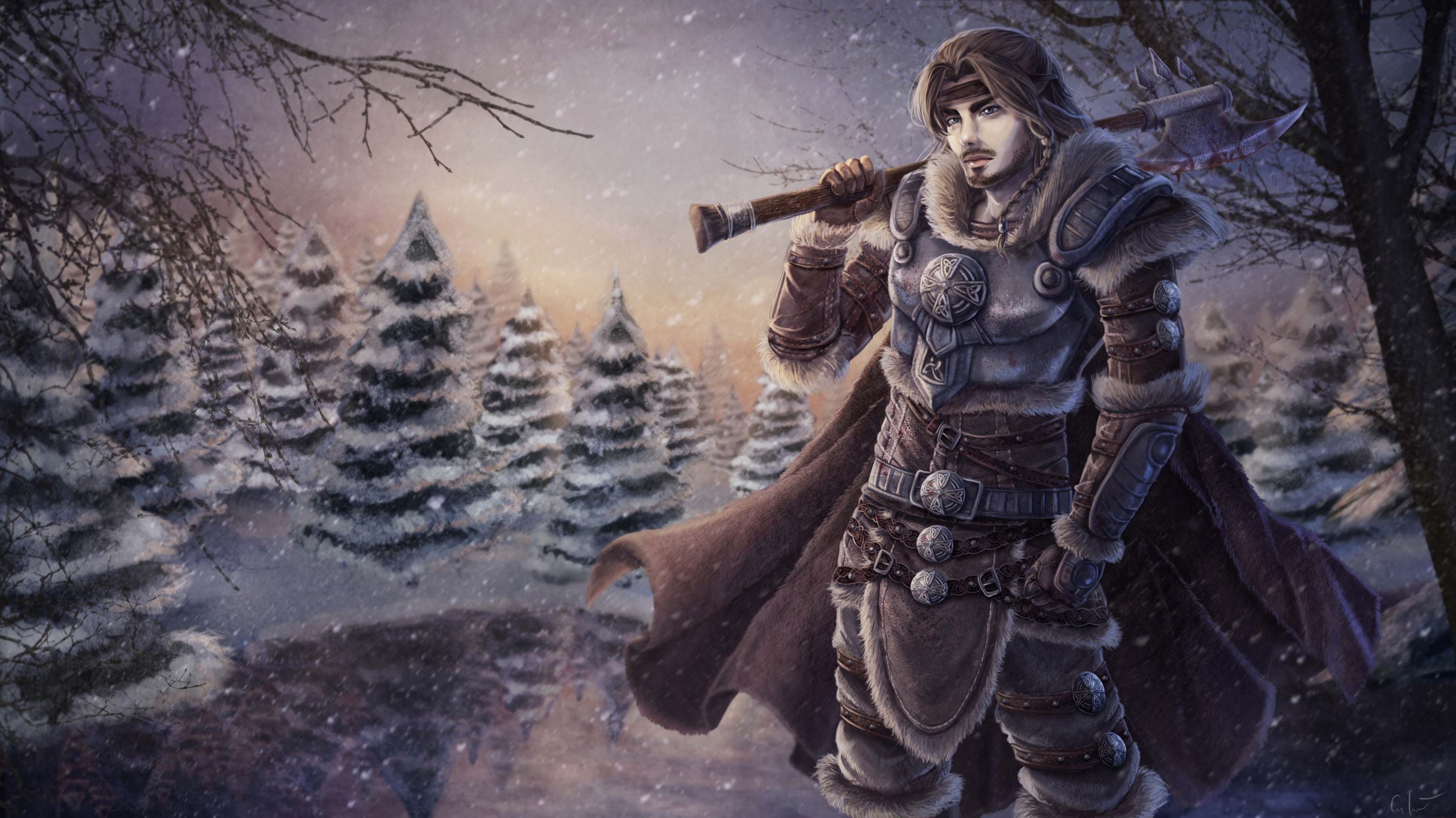 Free download wallpaper Winter, Fantasy, Warrior, Axe, Snowfall on your PC desktop
