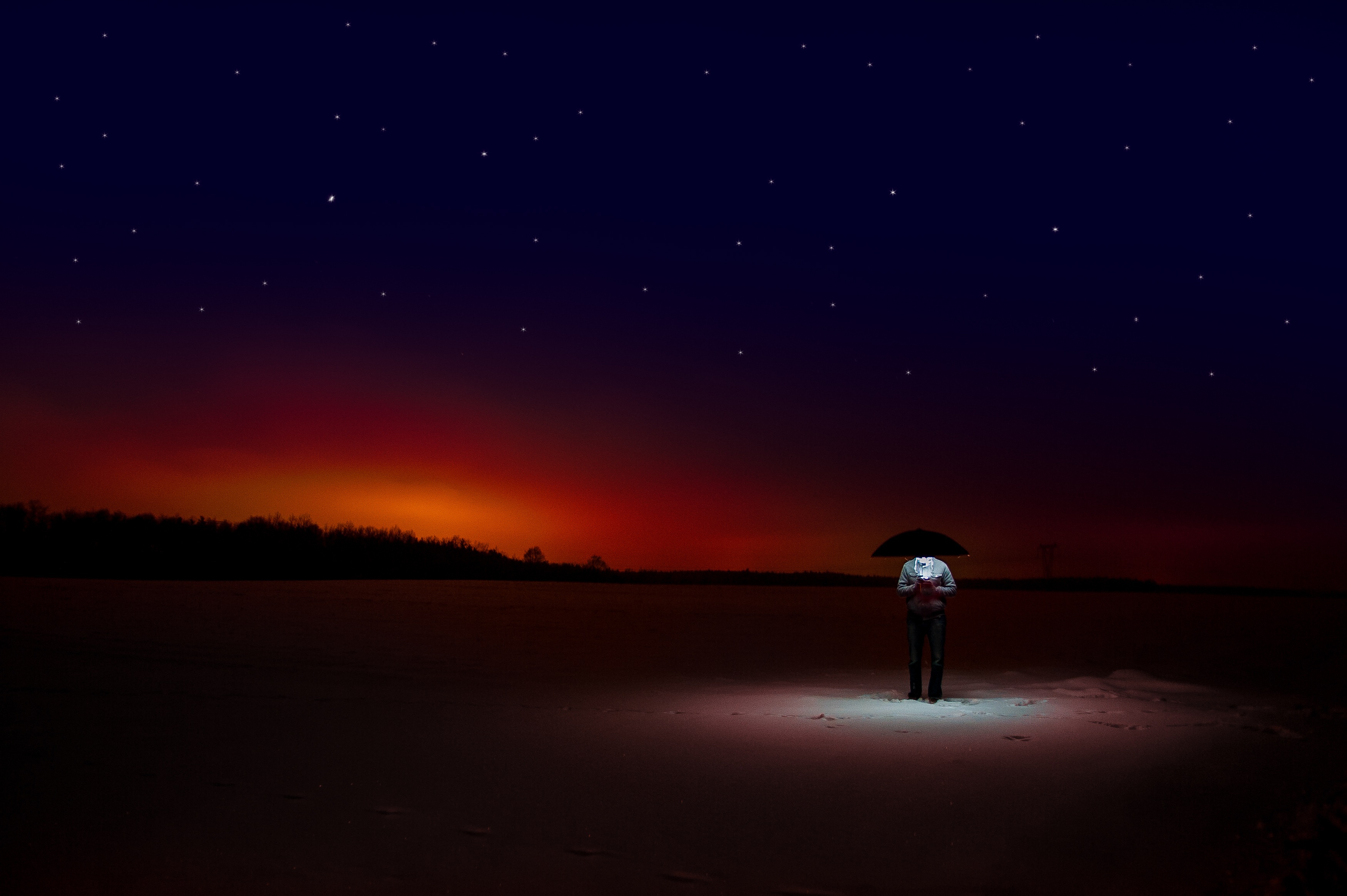 Free download wallpaper Nature, Horizon, Starry Sky, Person, Human, Umbrella, Loneliness, Night on your PC desktop