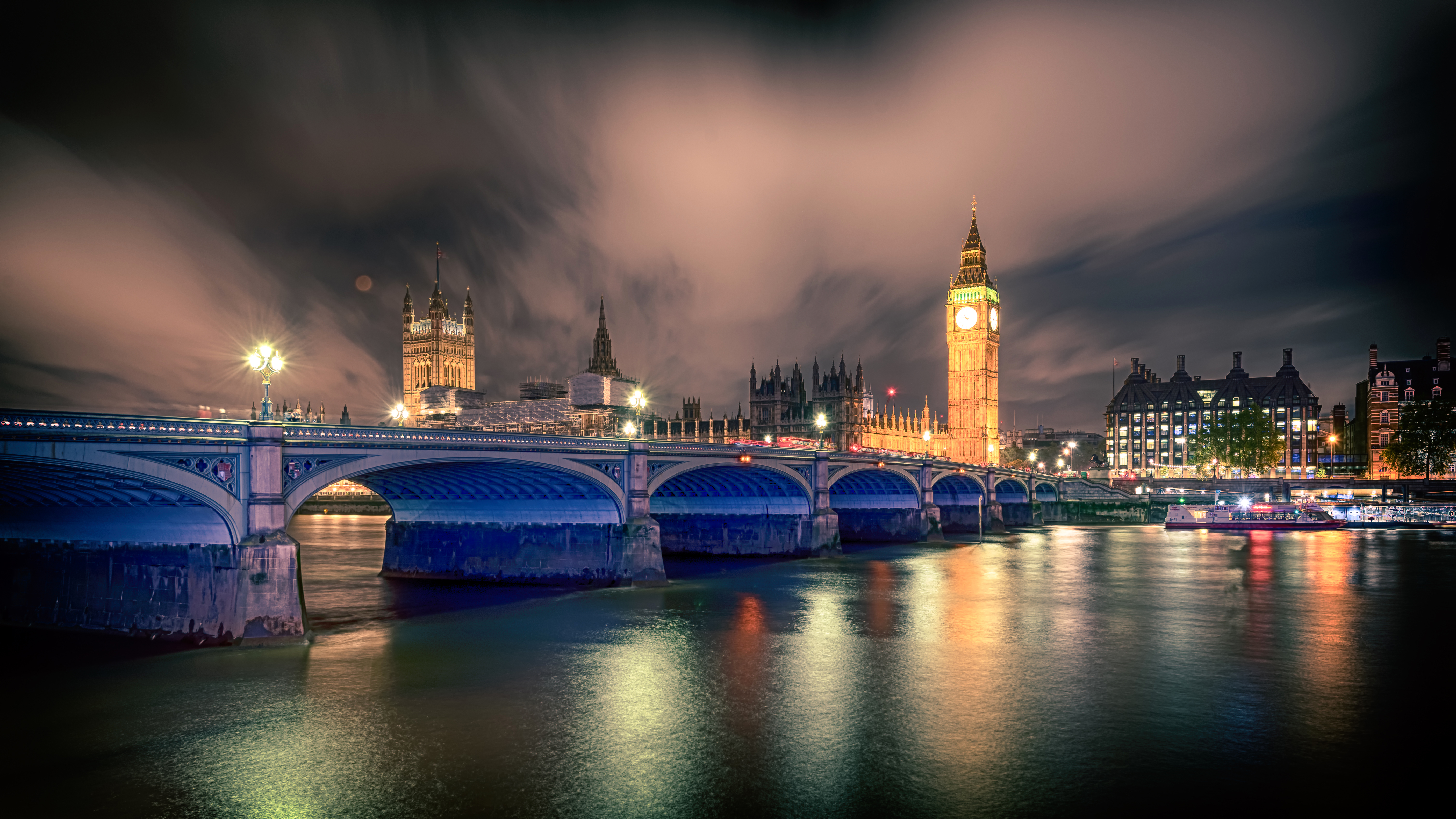 london, man made, big ben, bridge, night, river, thames, monuments