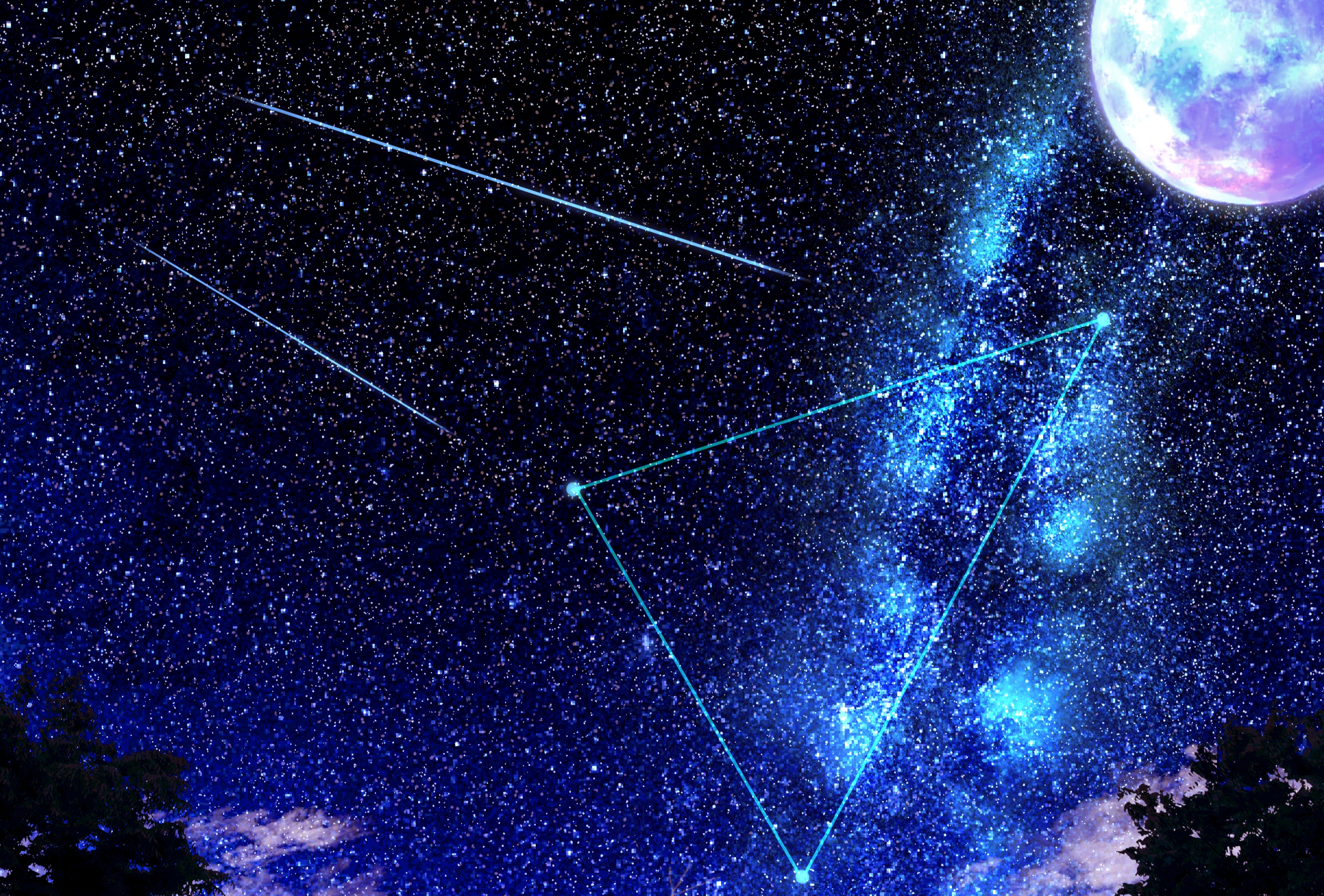 Laden Sie das Mond, Dreieck, Original, Sternschnuppe, Animes, Sternenklarer Himmel-Bild kostenlos auf Ihren PC-Desktop herunter