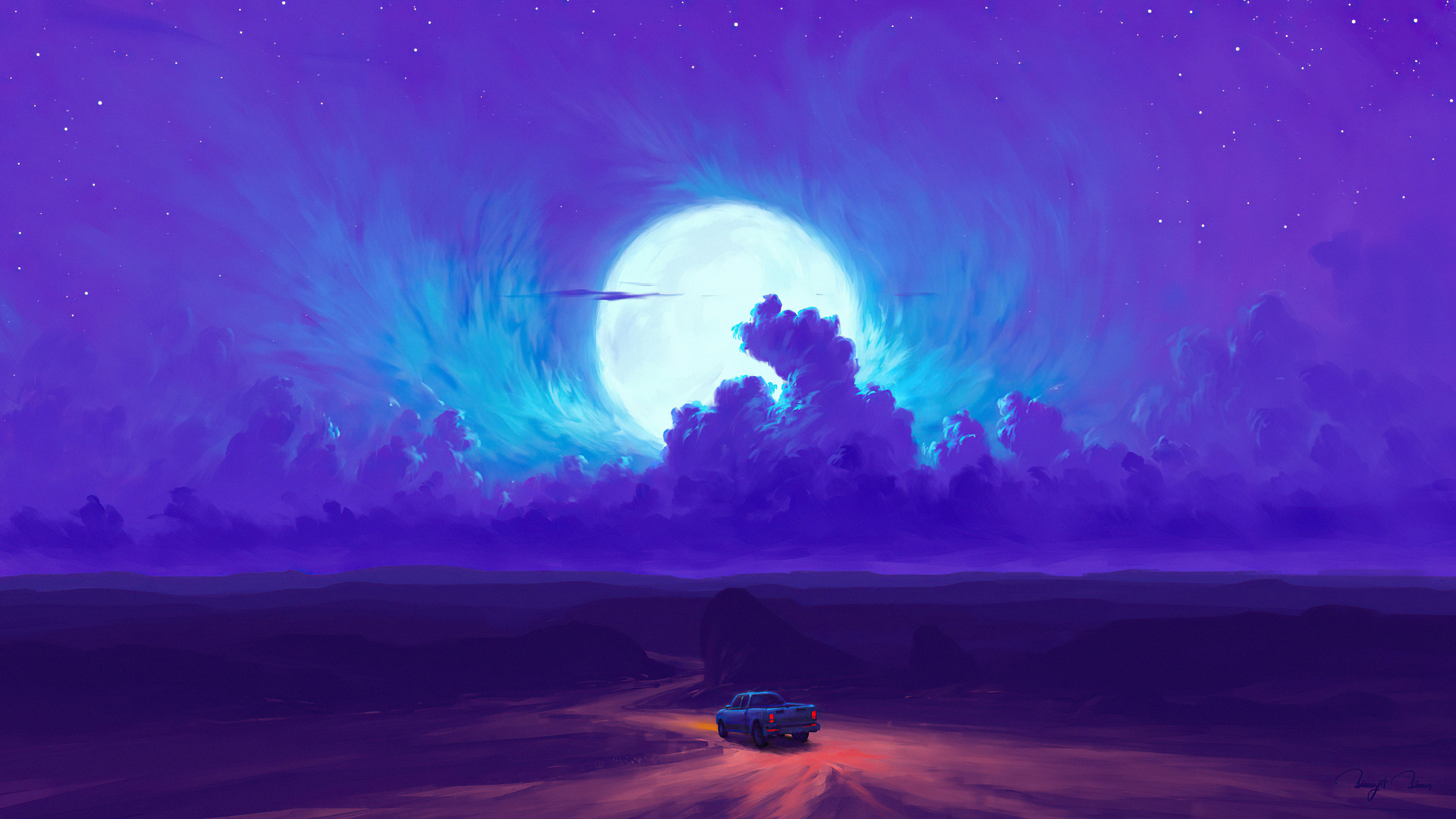 Free download wallpaper Landscape, Moon, Car, Artistic, Cloud, Minimalist on your PC desktop