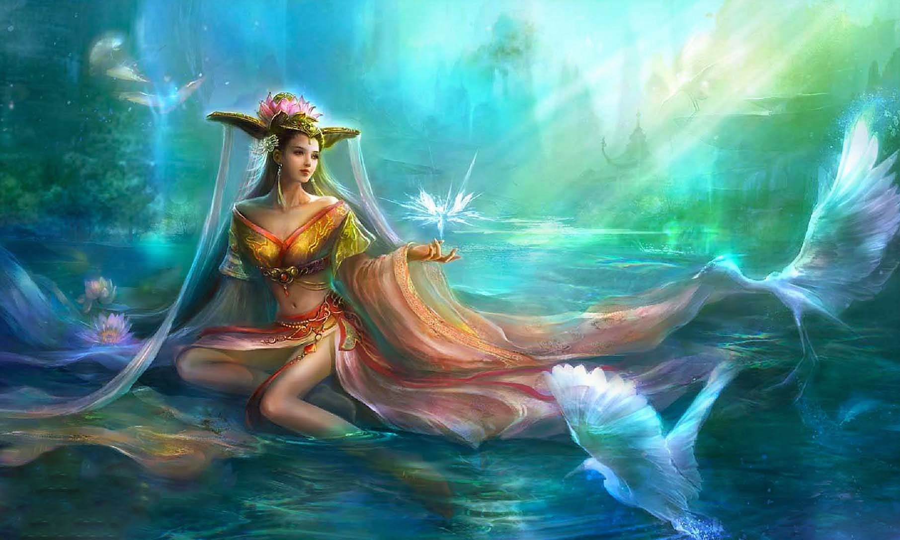 Free download wallpaper Fantasy, Lotus, Bird, Women, Asian on your PC desktop