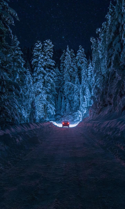 Download mobile wallpaper Winter, Night, Snow, Road, Forest, Tree, Car, Man Made for free.