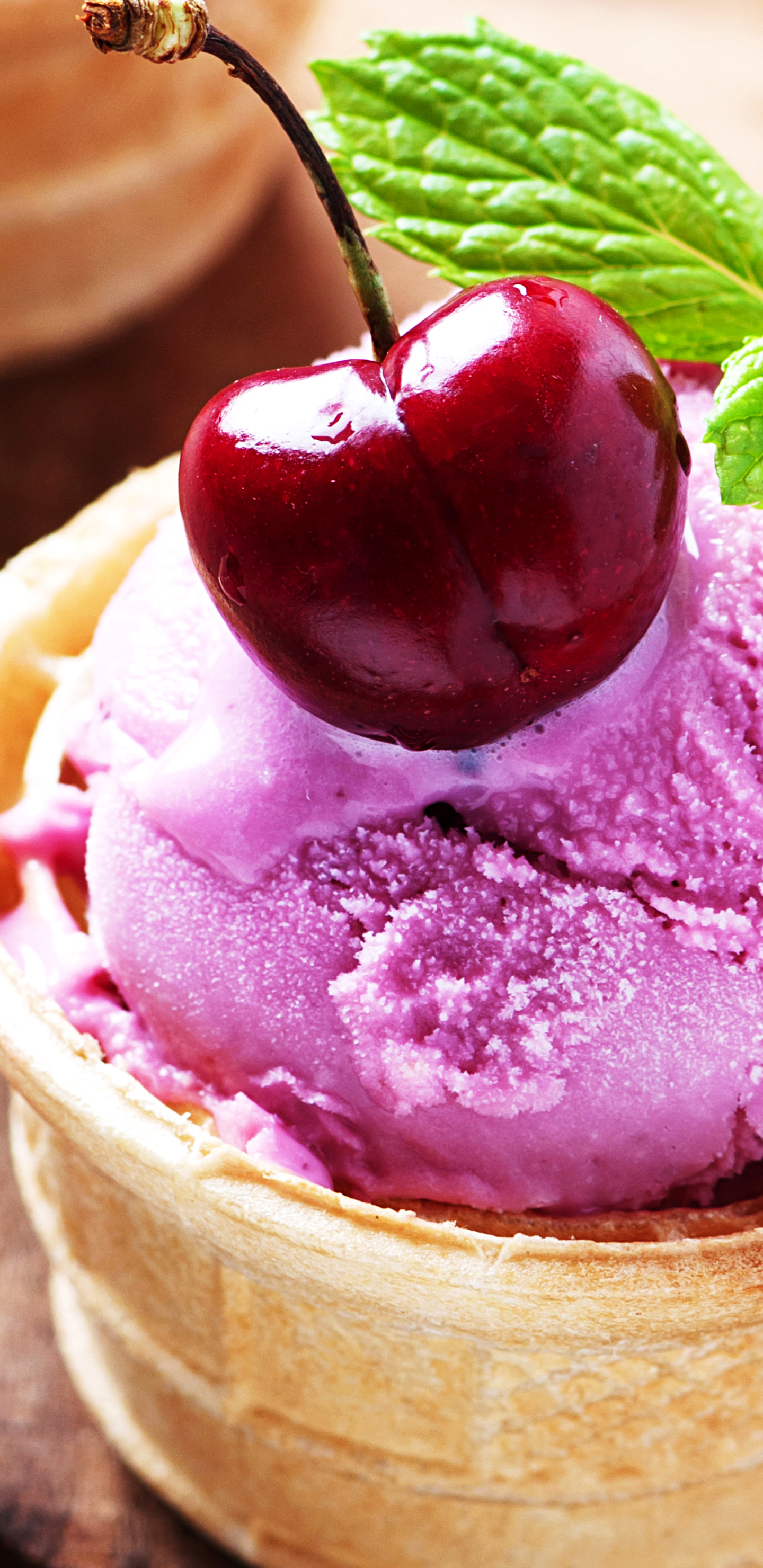 Download mobile wallpaper Food, Cherry, Ice Cream, Fruit, Waffle Cone for free.