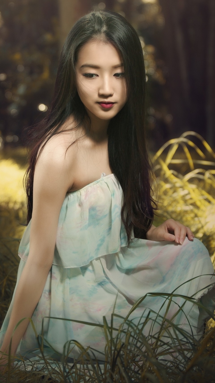 Download mobile wallpaper Forest, Women, Asian, Long Hair for free.